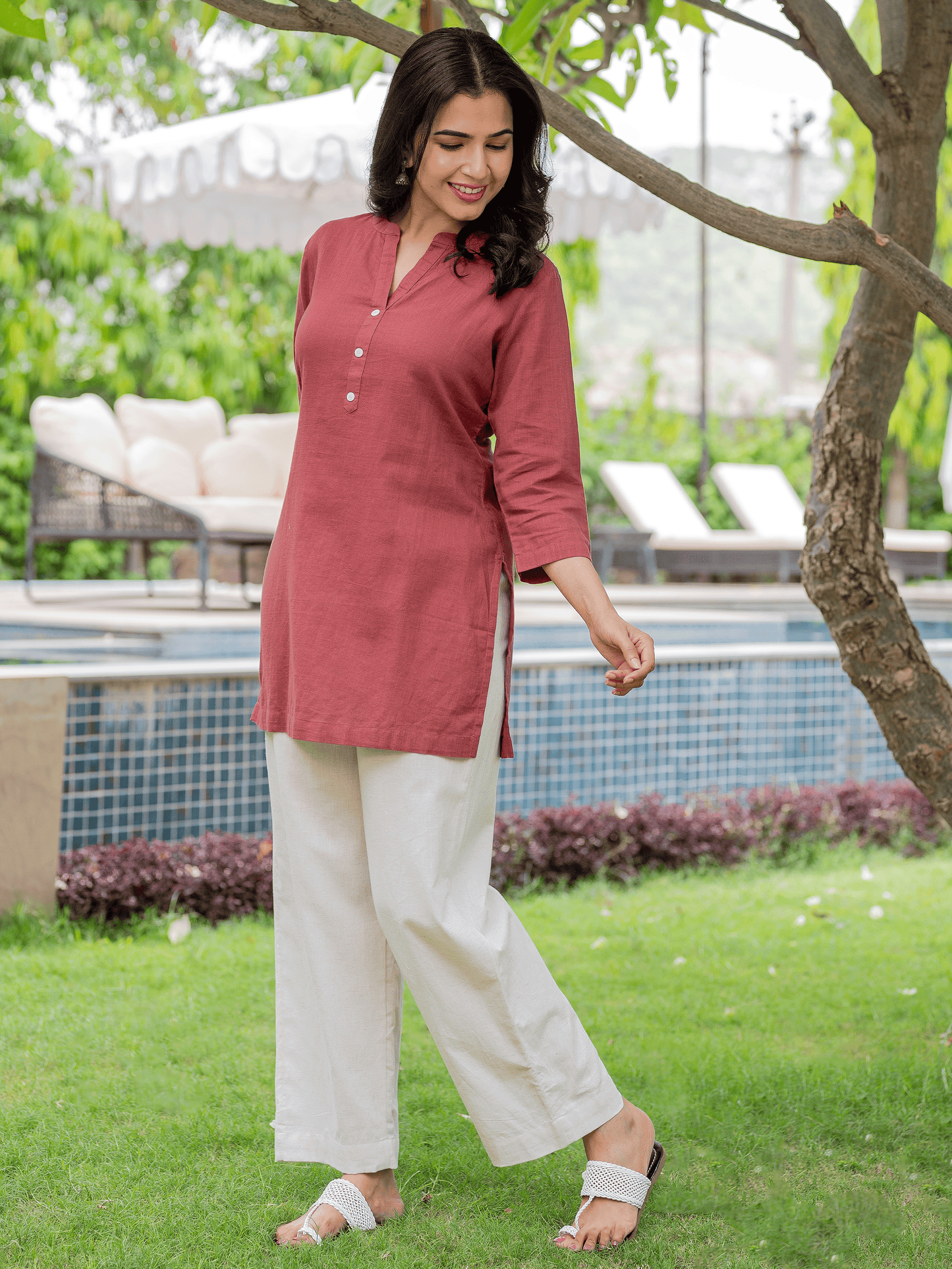 Natural Cotton Solid Straight Maroon Kurti