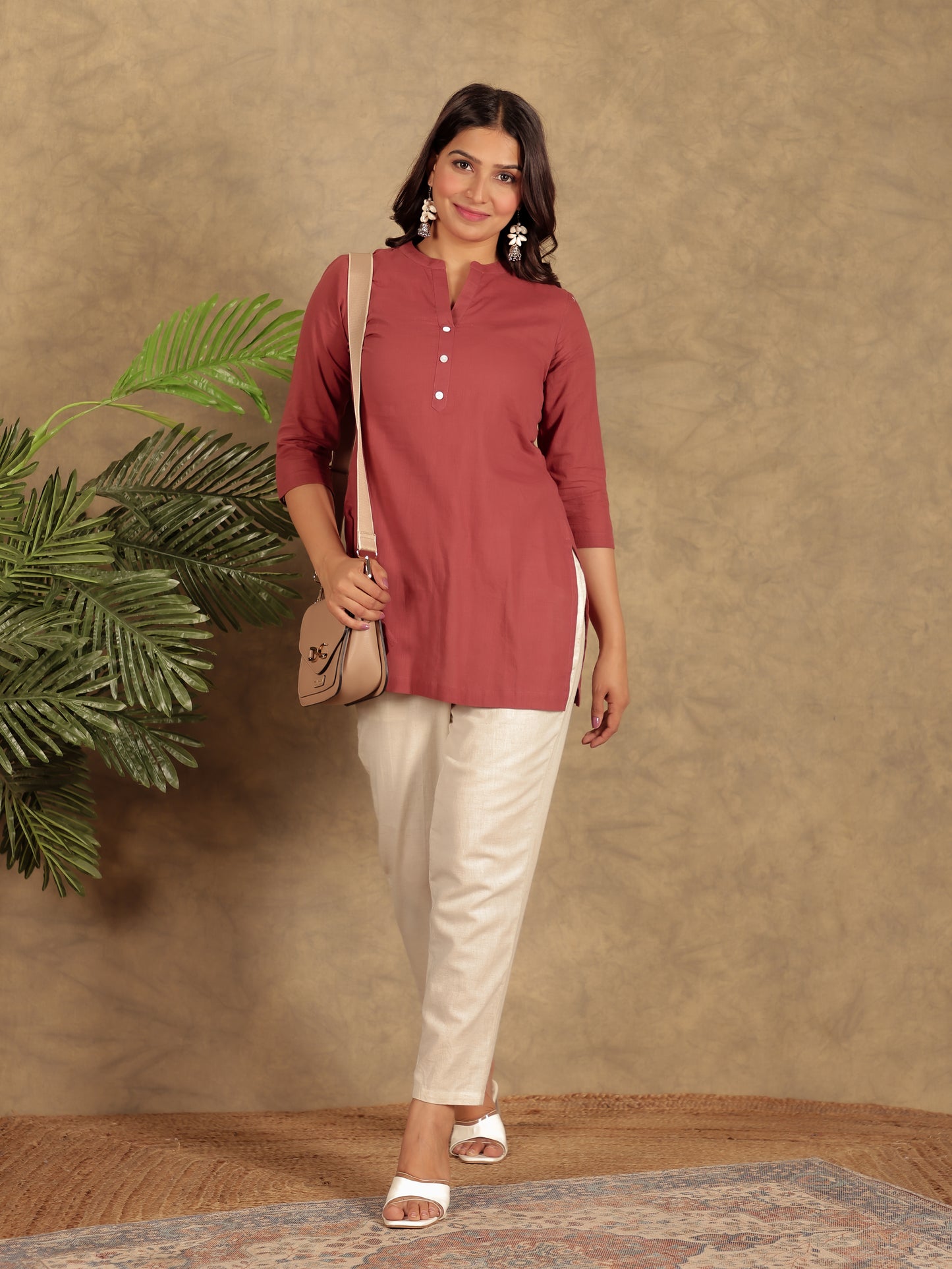 Natural Cotton Solid Straight Maroon Kurta