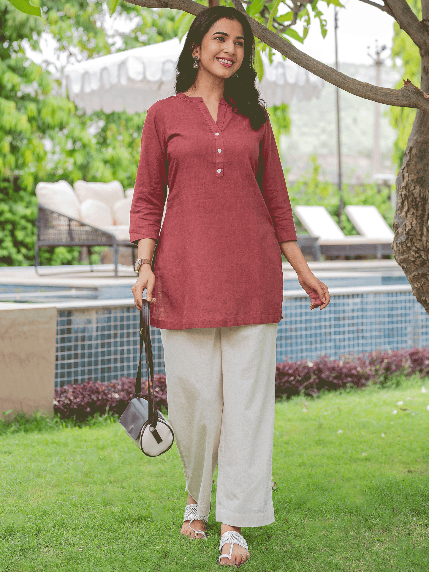 Natural Cotton Solid Straight Maroon Kurti