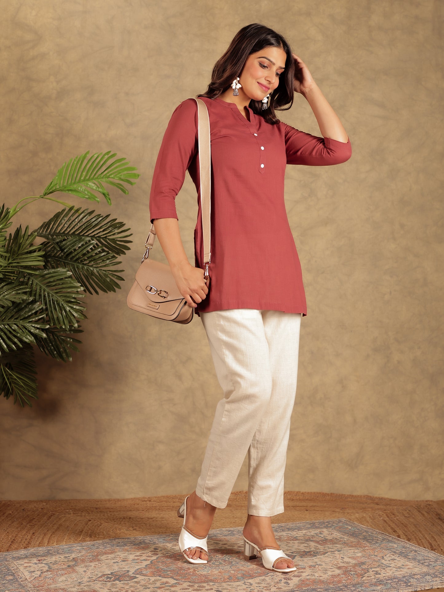 Natural Cotton Solid Straight Maroon Kurta