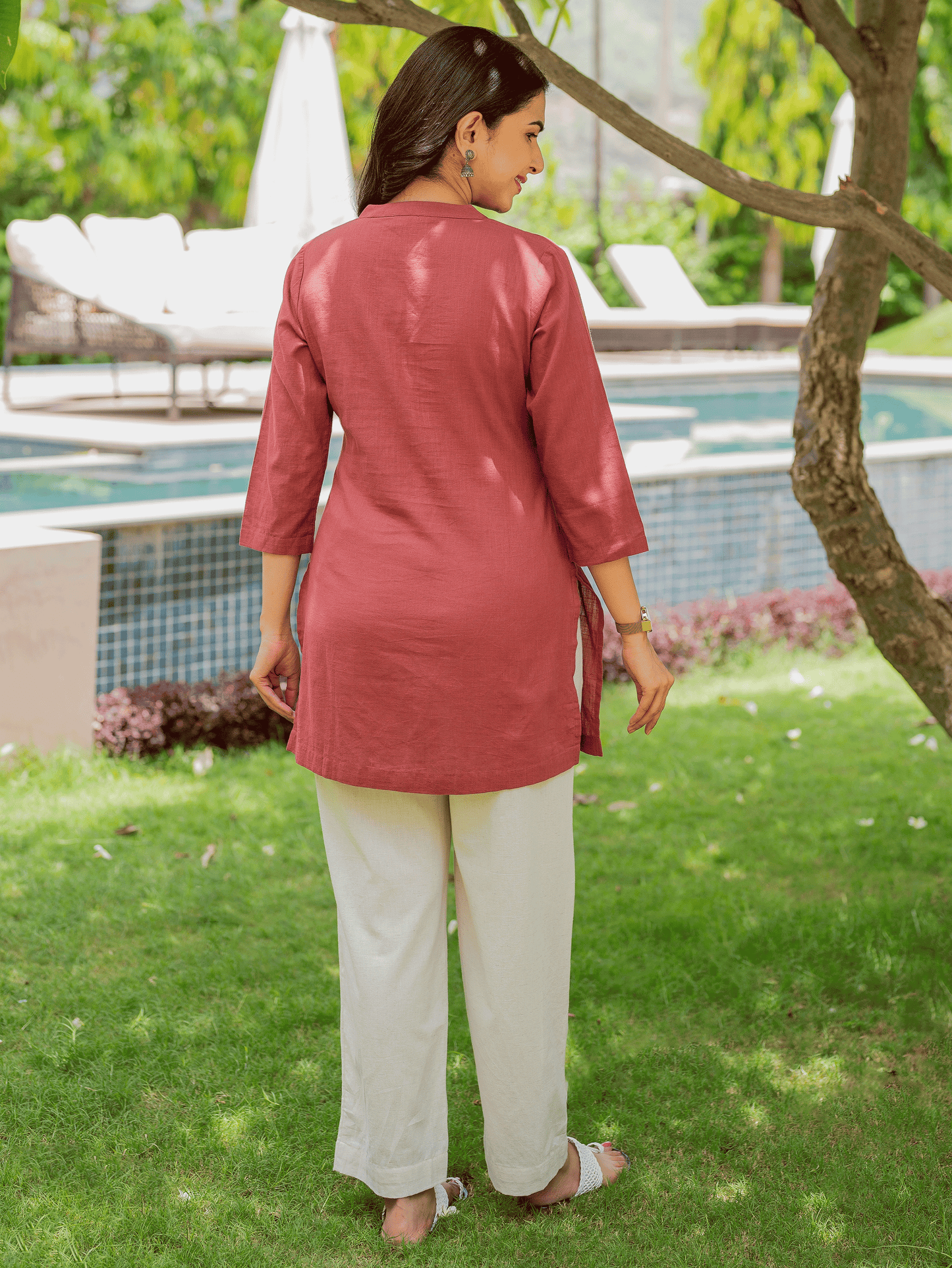Natural Cotton Solid Straight Maroon Kurti