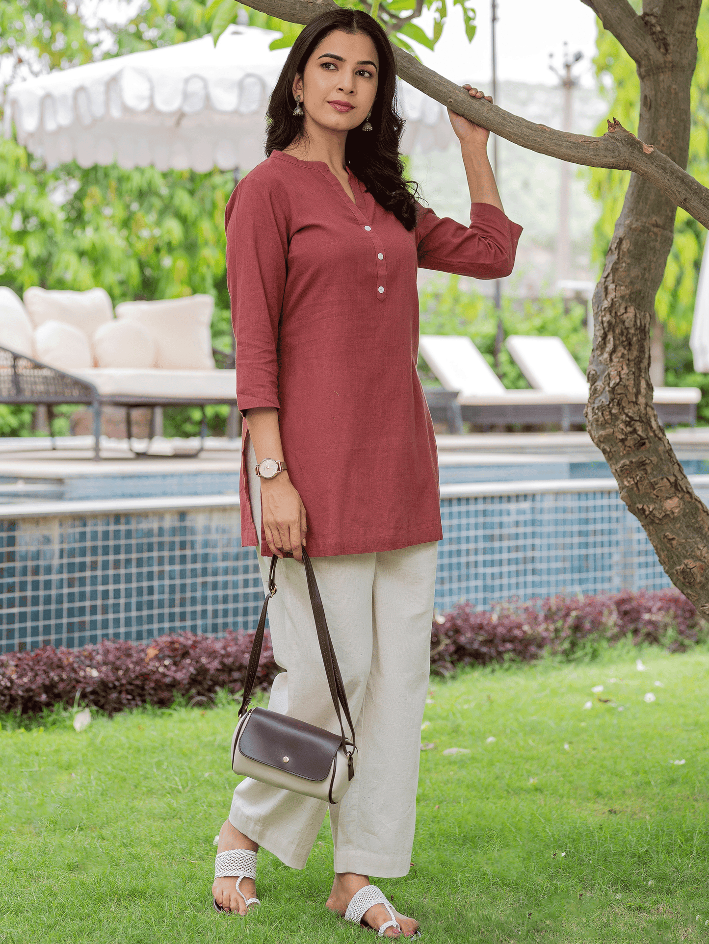 Natural Cotton Solid Straight Maroon Kurti