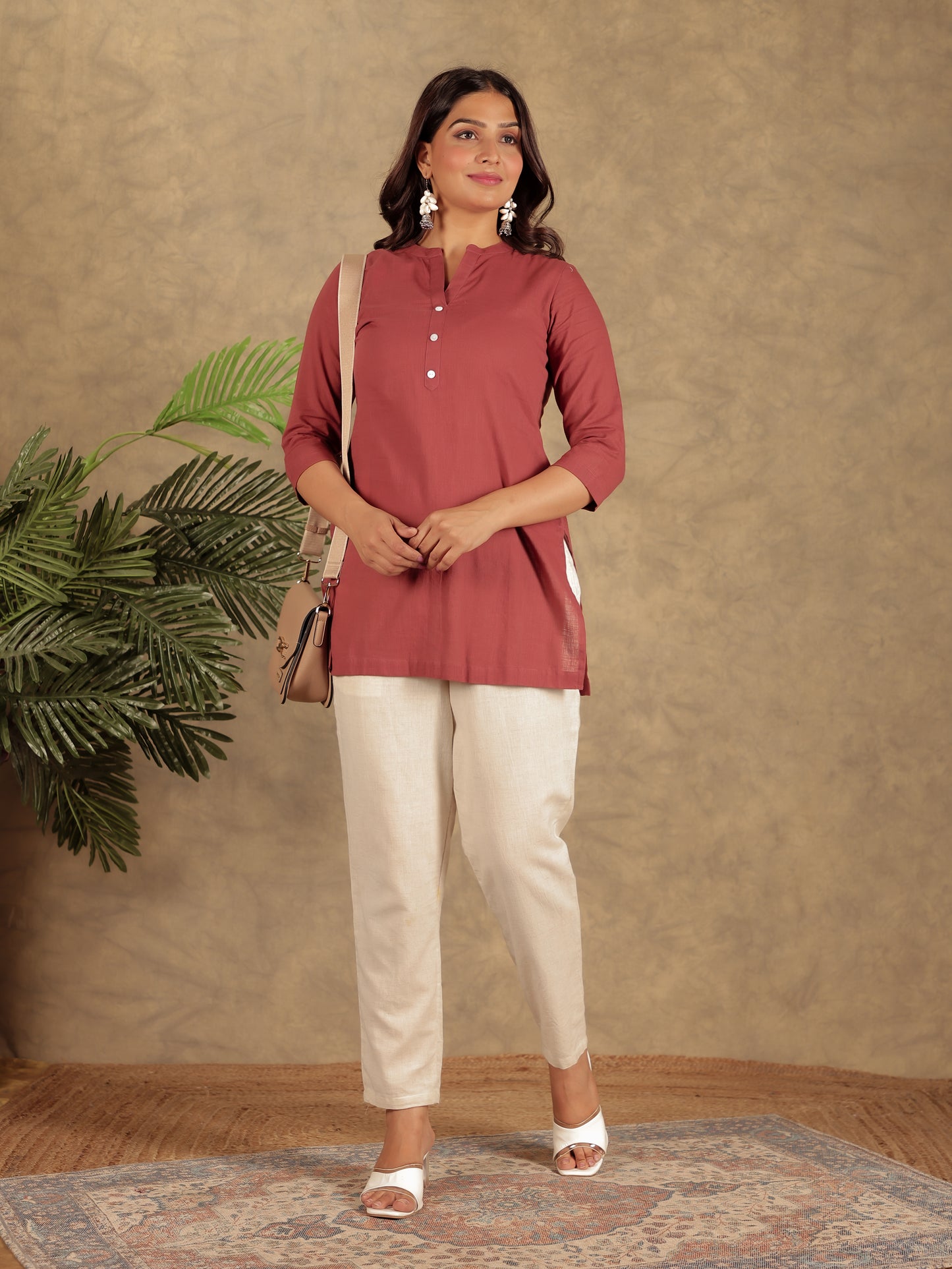 Natural Cotton Solid Straight Maroon Kurta