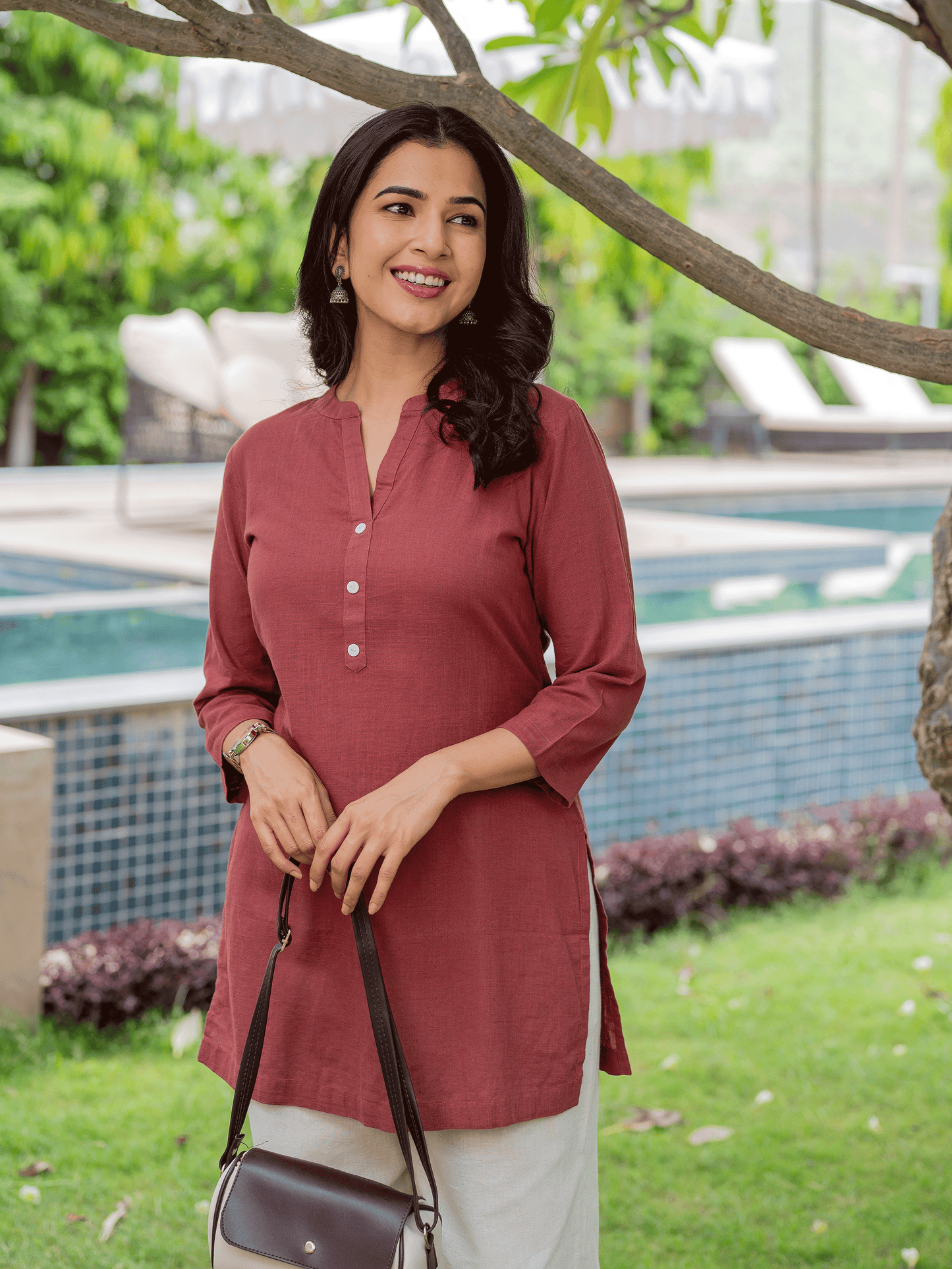 Natural Cotton Solid Straight Maroon Kurti