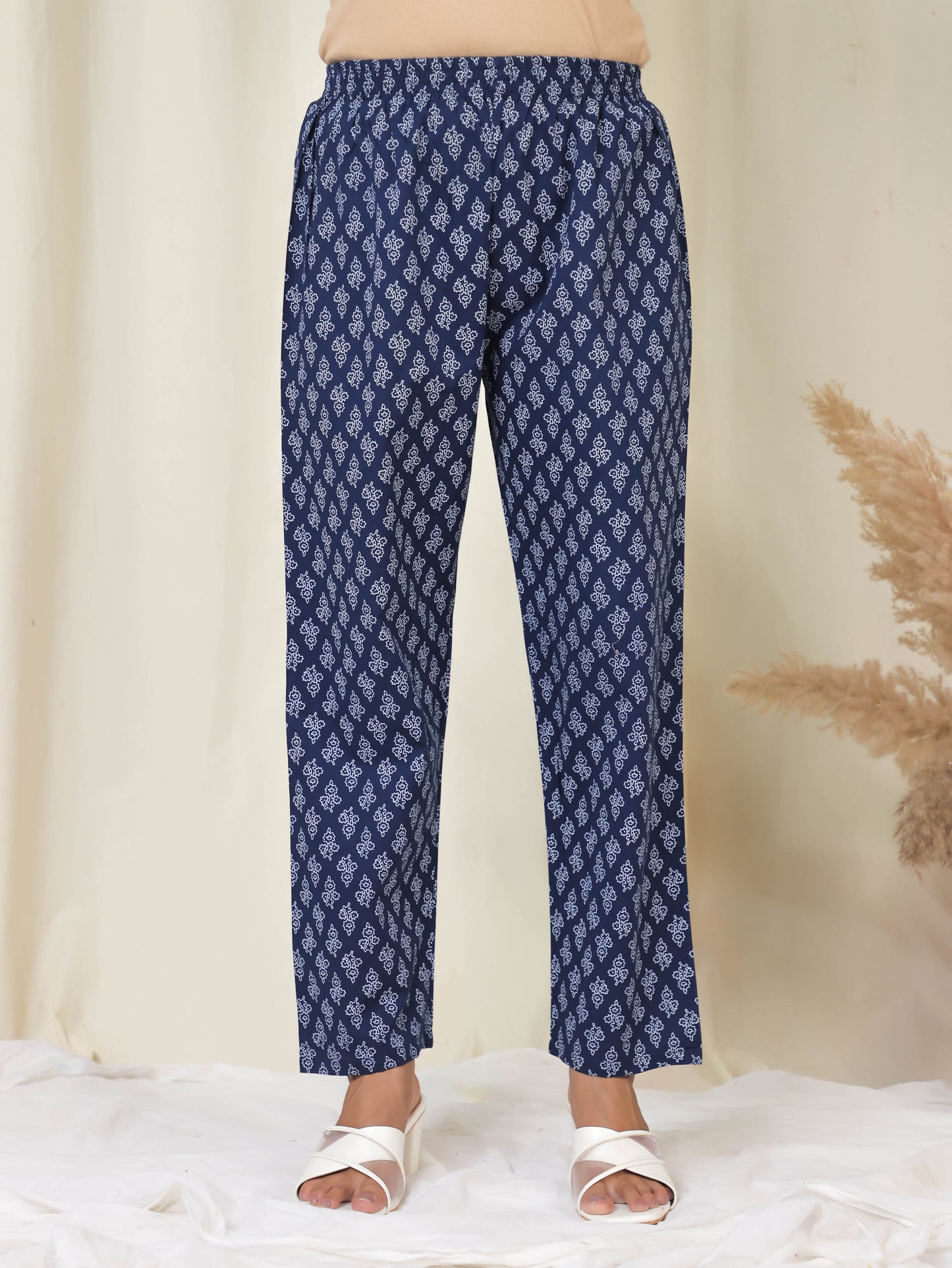 Soft Cotton Floral Navy Blue Tapered Trousers