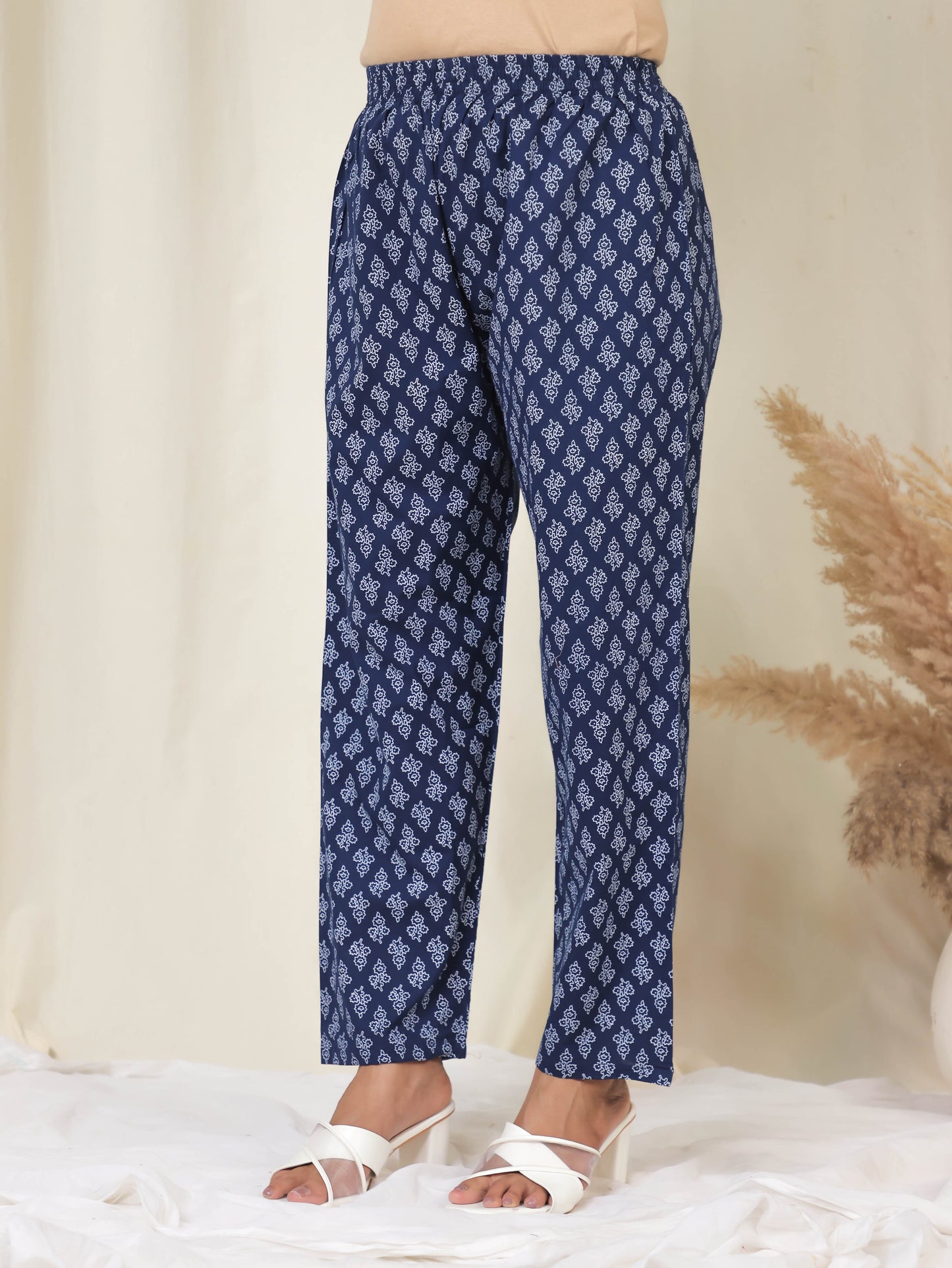 Soft Cotton Floral Navy Blue Tapered Trousers