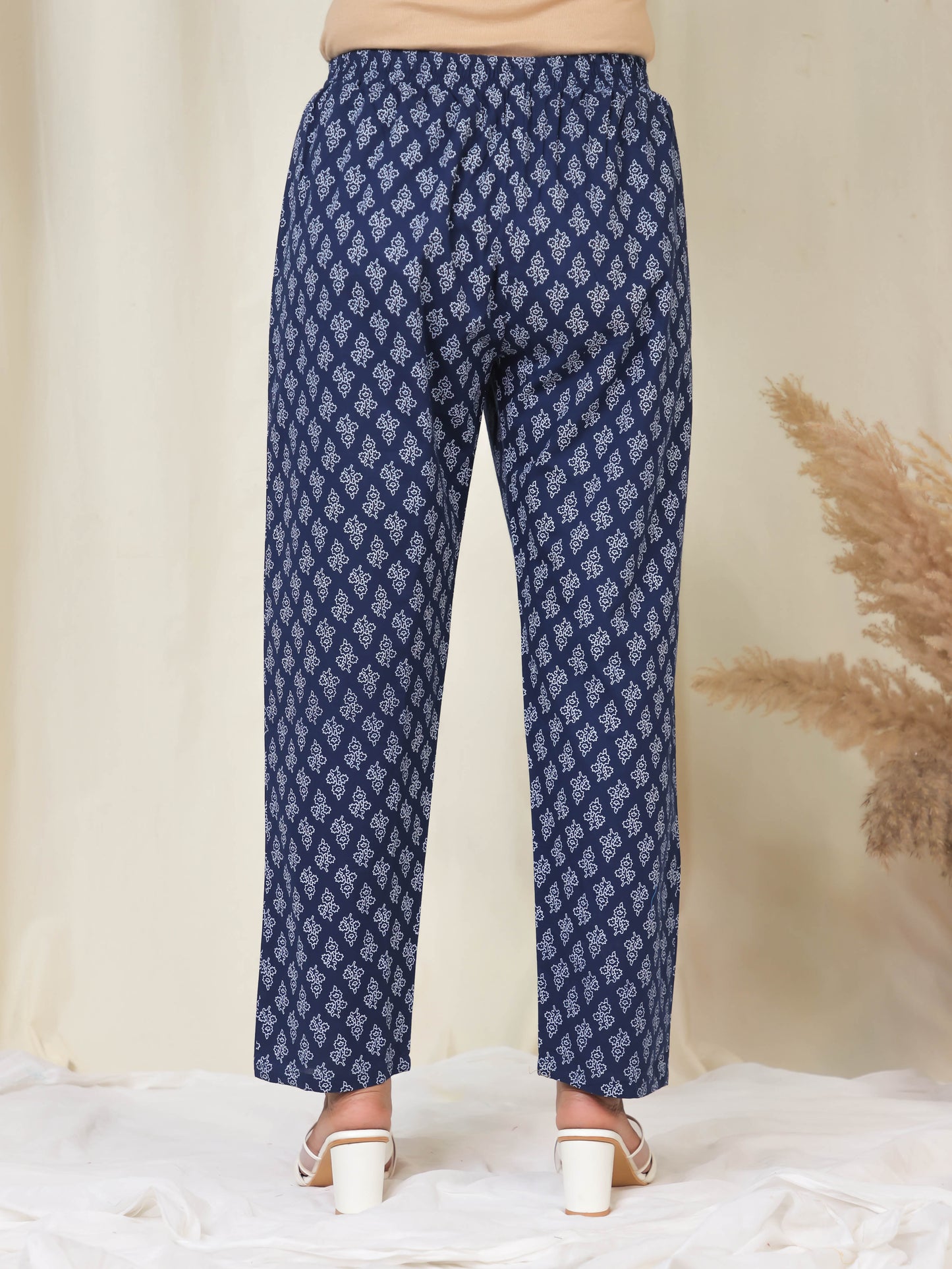 Soft Cotton Floral Navy Blue Tapered Trousers