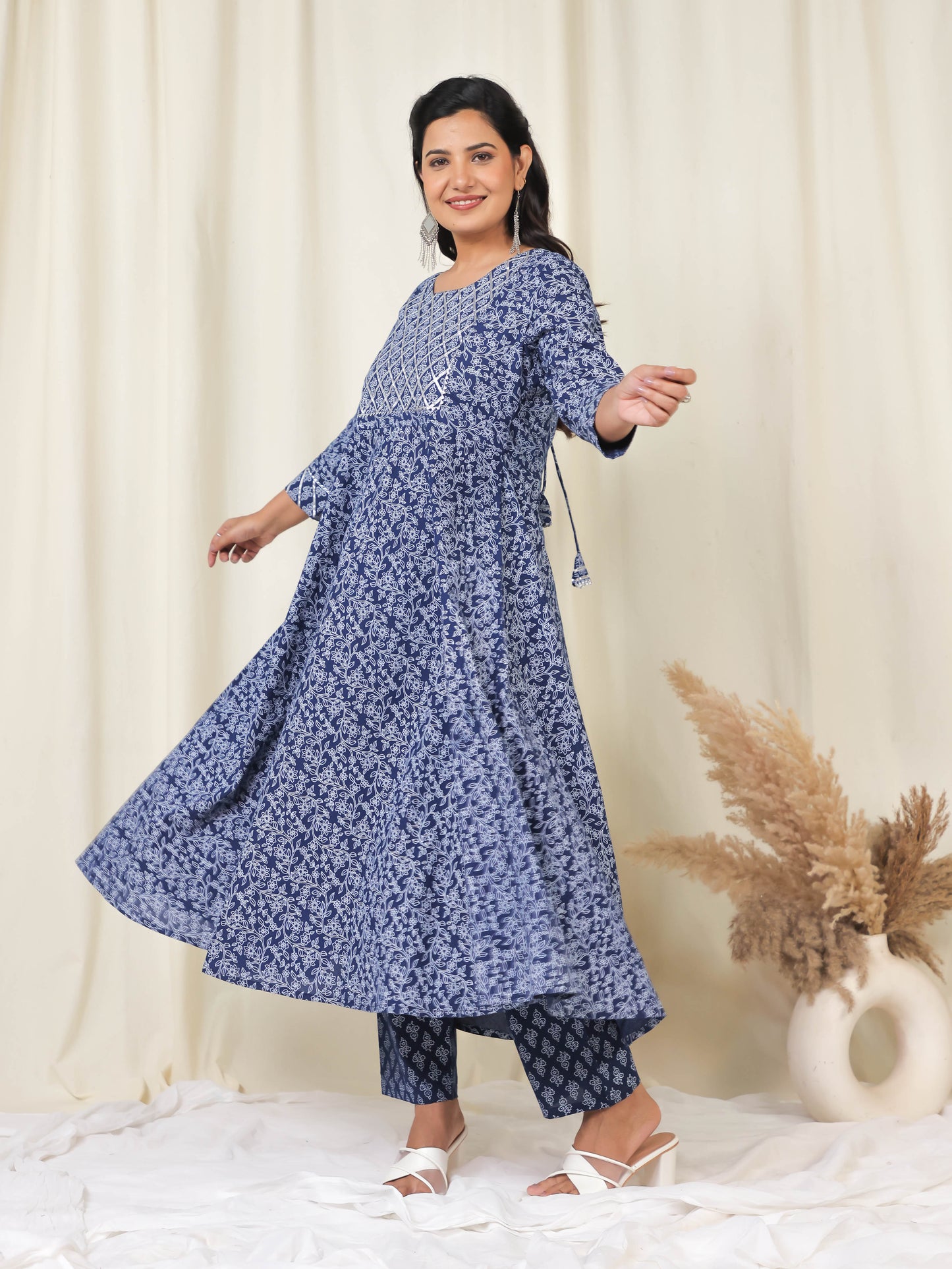 Embroidered Soft Cotton Floral Anarkali Navy Blue Kurta