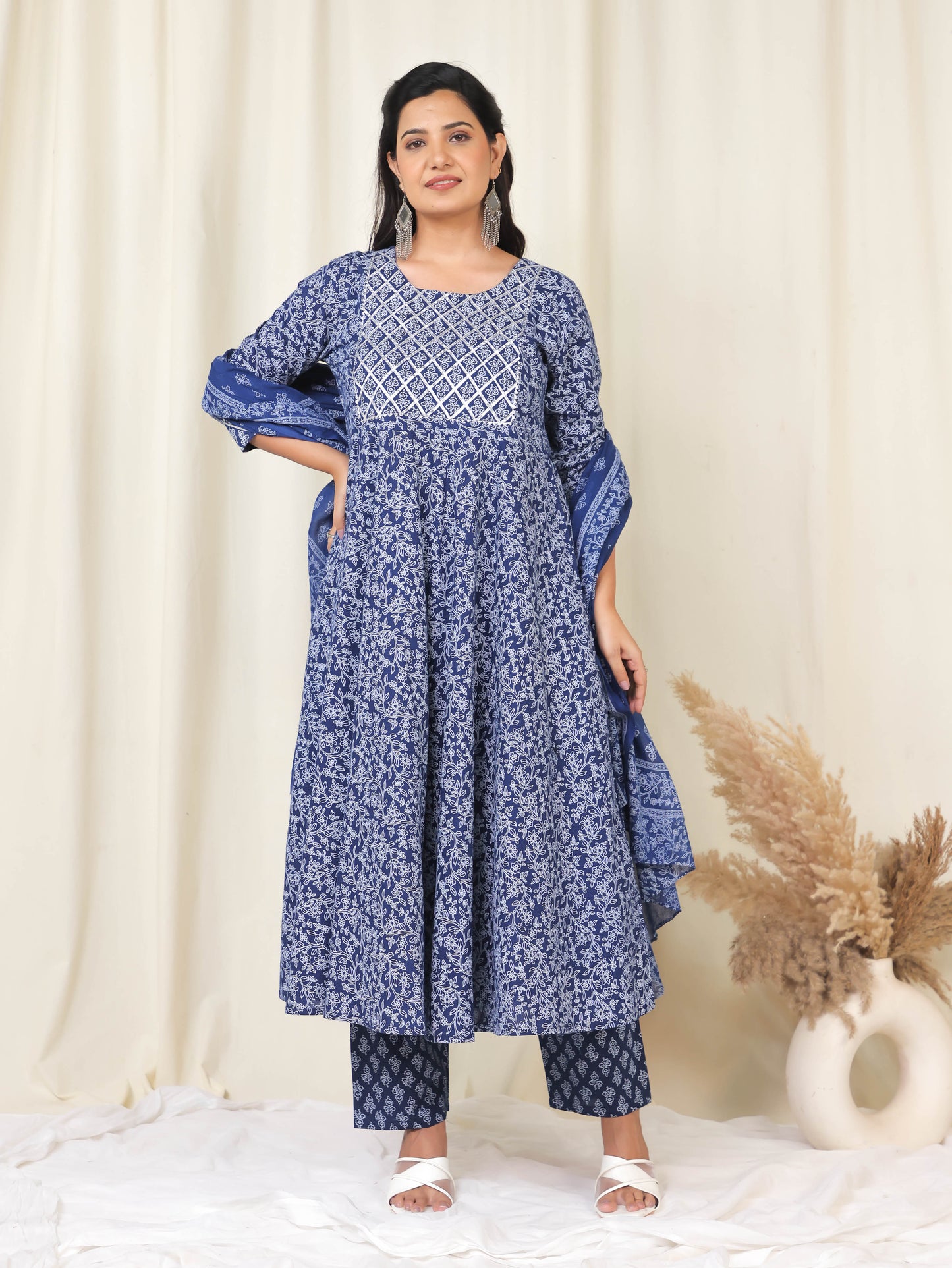 Embroidered Soft Cotton Floral Anarkali Navy Blue Kurta
