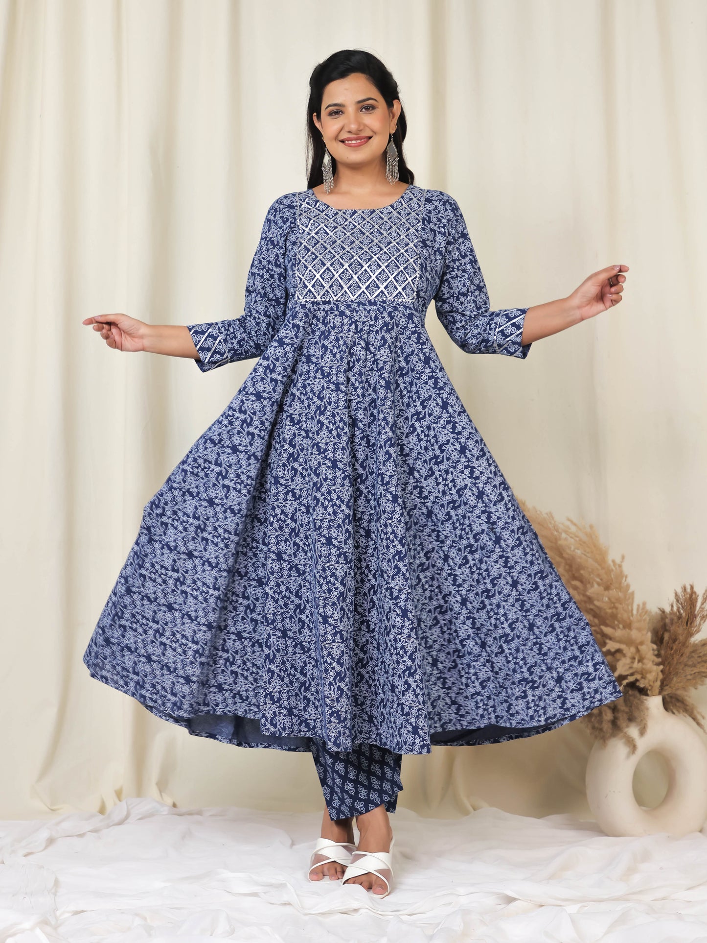 Embroidered Soft Cotton Floral Anarkali Navy Blue Kurta