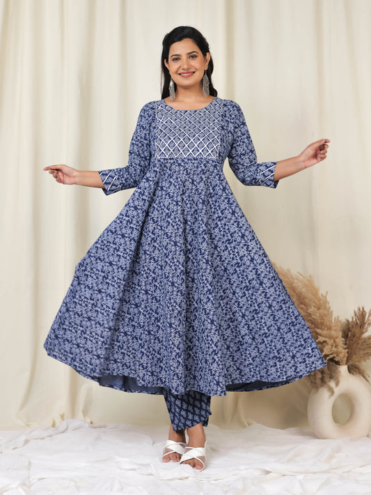 Embroidered Soft Cotton Floral Anarkali Navy Blue Kurta