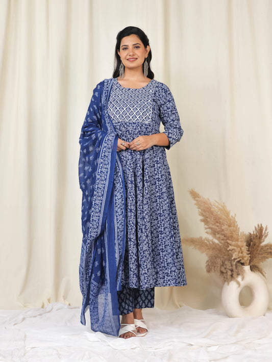 Soft Cotton Floral Anarkali Navy Blue Kurta