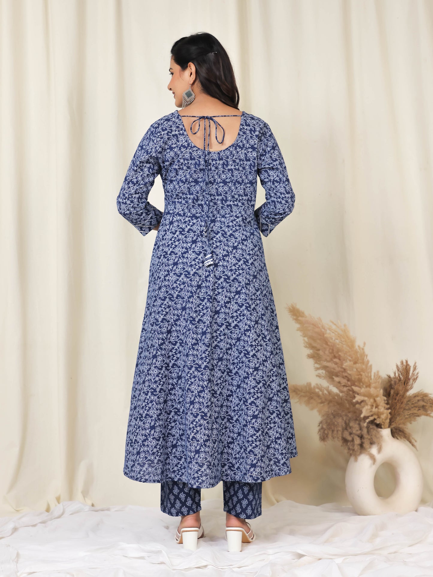 Embroidered Soft Cotton Floral Anarkali Navy Blue Kurta
