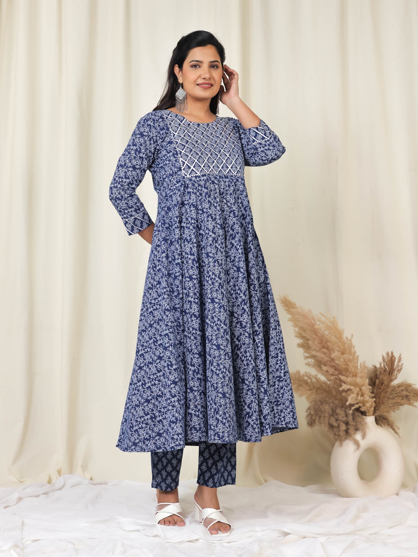 Embroidered Soft Cotton Floral Anarkali Navy Blue Kurta
