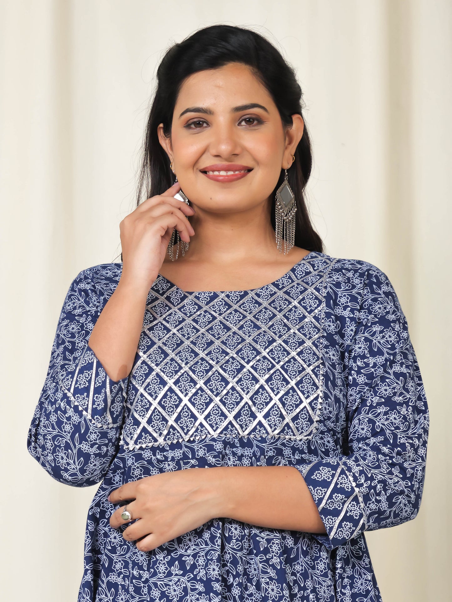 Embroidered Soft Cotton Floral Anarkali Navy Blue Kurta