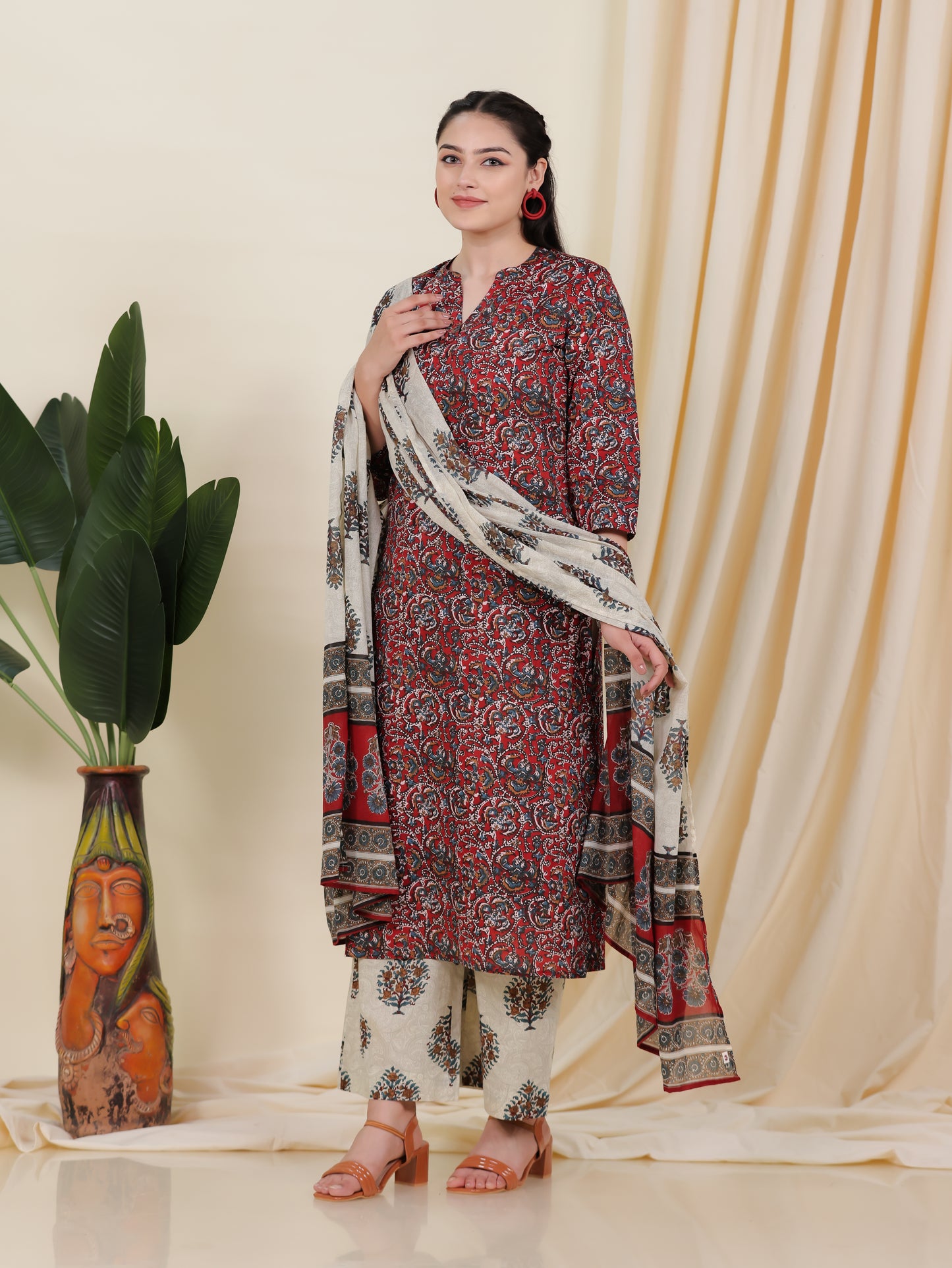 Soft Cotton Block Print Straight Maroon Kurta