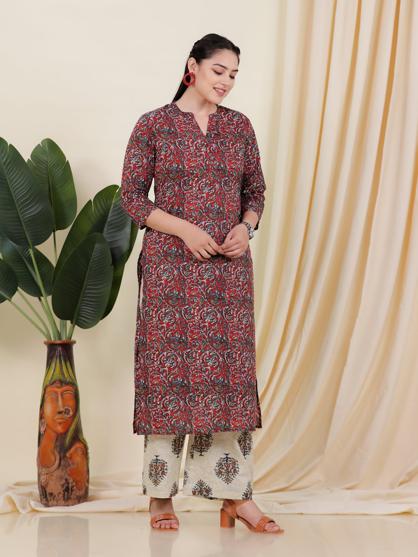 Soft Cotton Block Print Straight Maroon Kurta