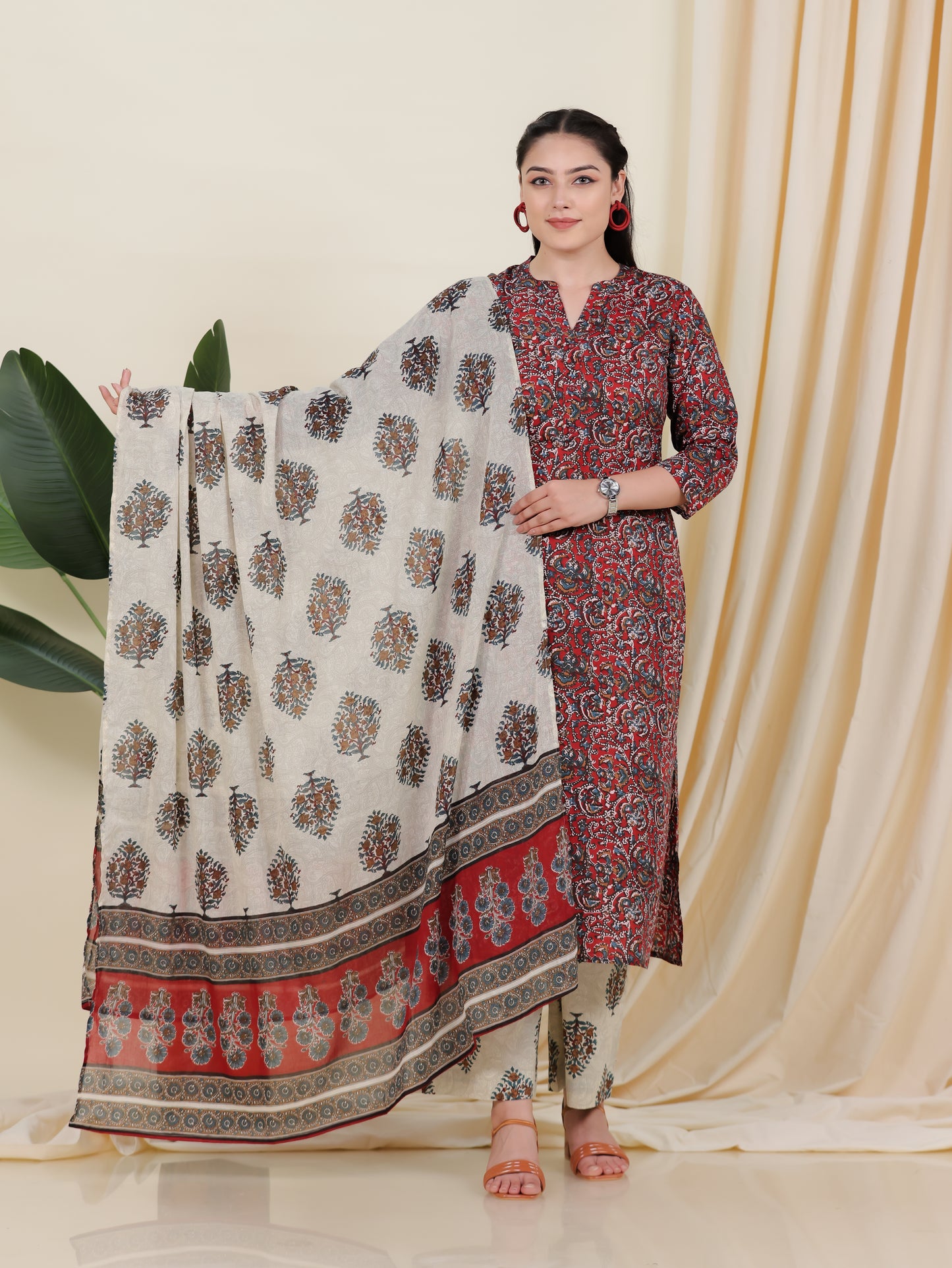 Soft Cotton Block Print Straight Maroon Kurta