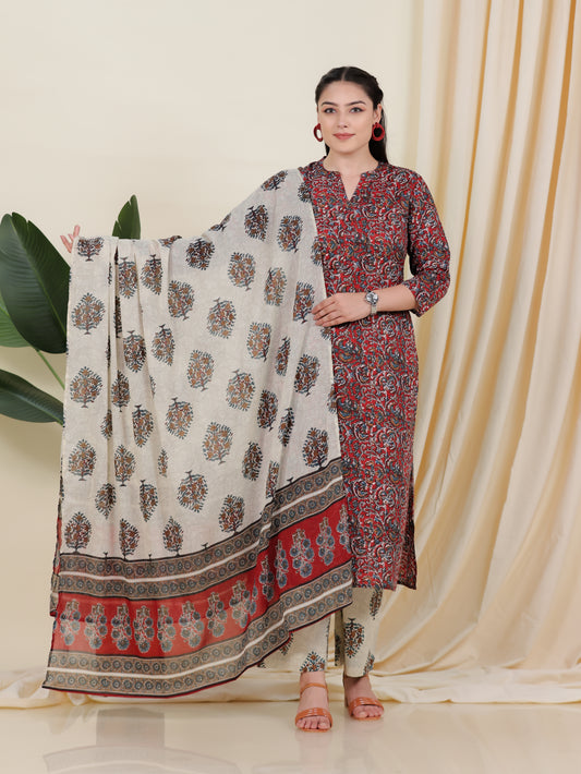Soft Cotton Block Print Straight Maroon Kurta