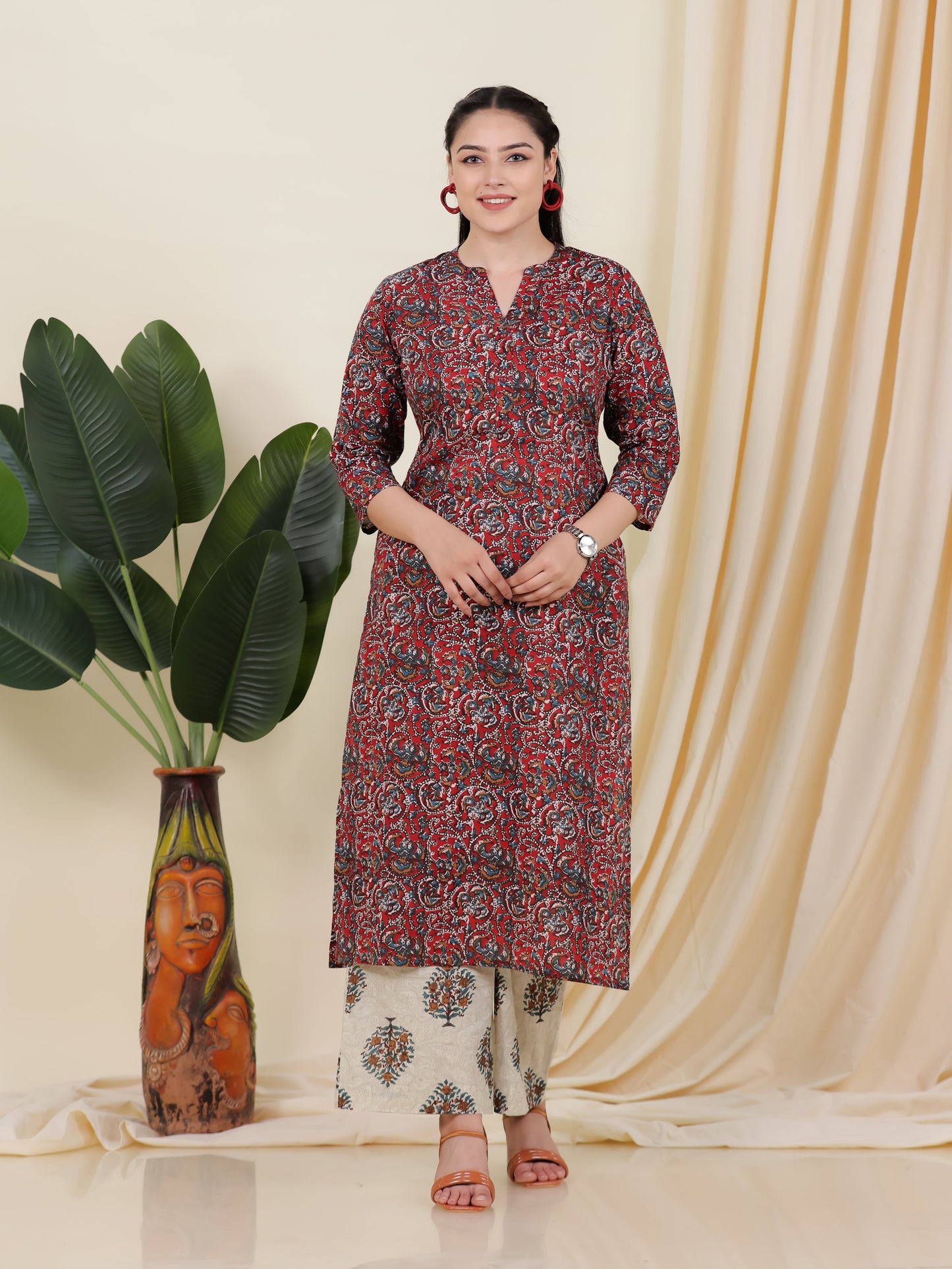 Soft Cotton Block Print Straight Maroon Kurta