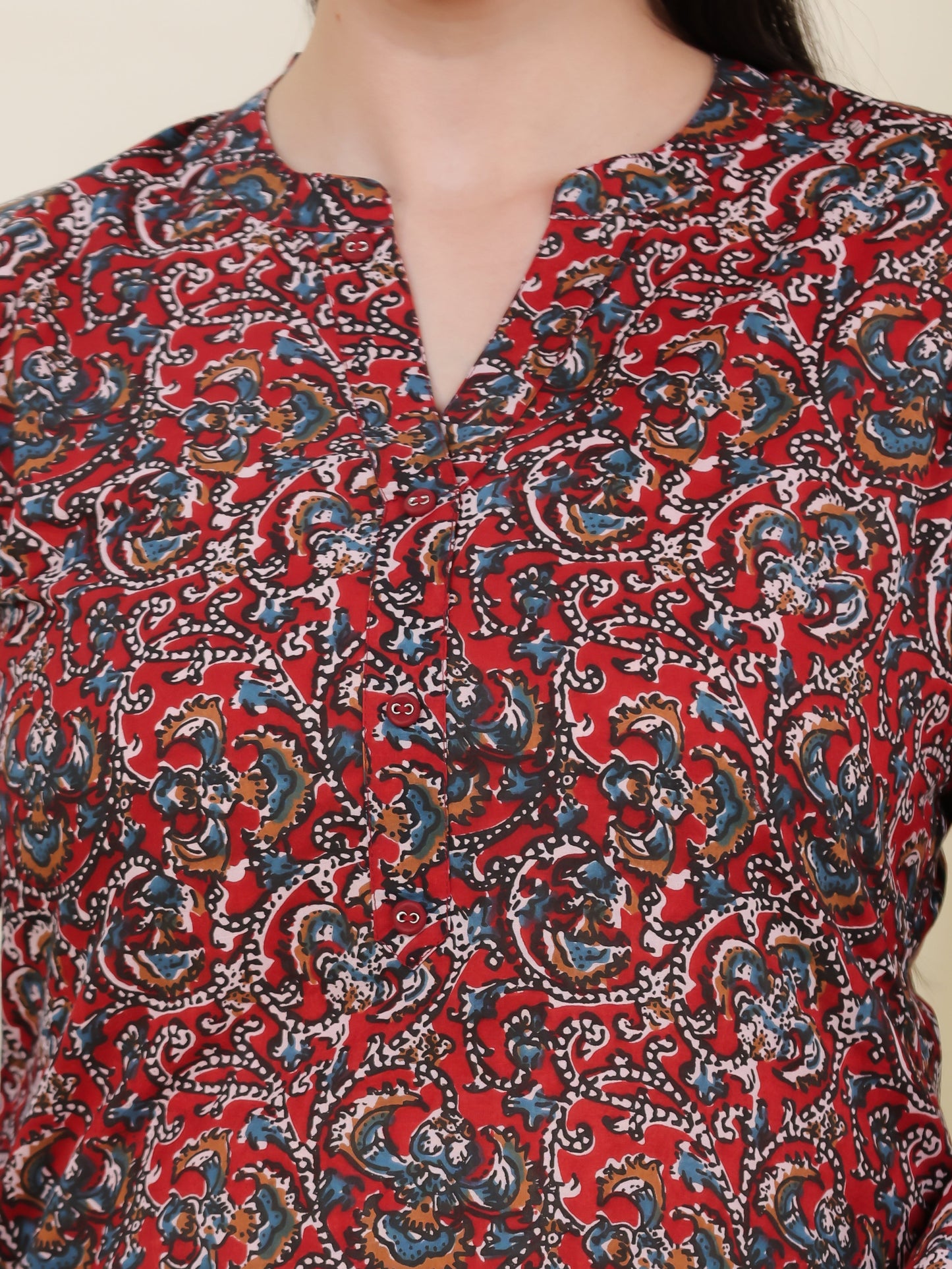 Soft Cotton Block Print Straight Maroon Kurta