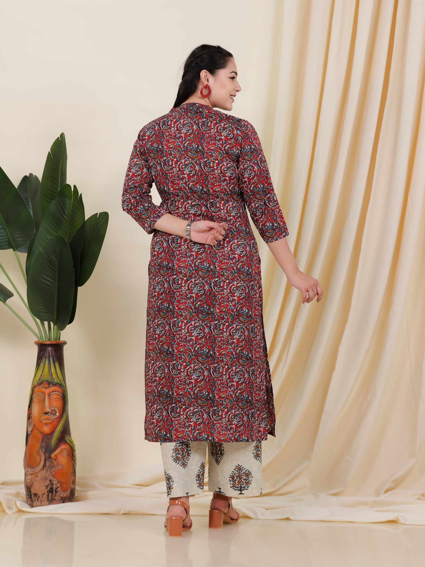 Soft Cotton Block Print Straight Maroon Kurta