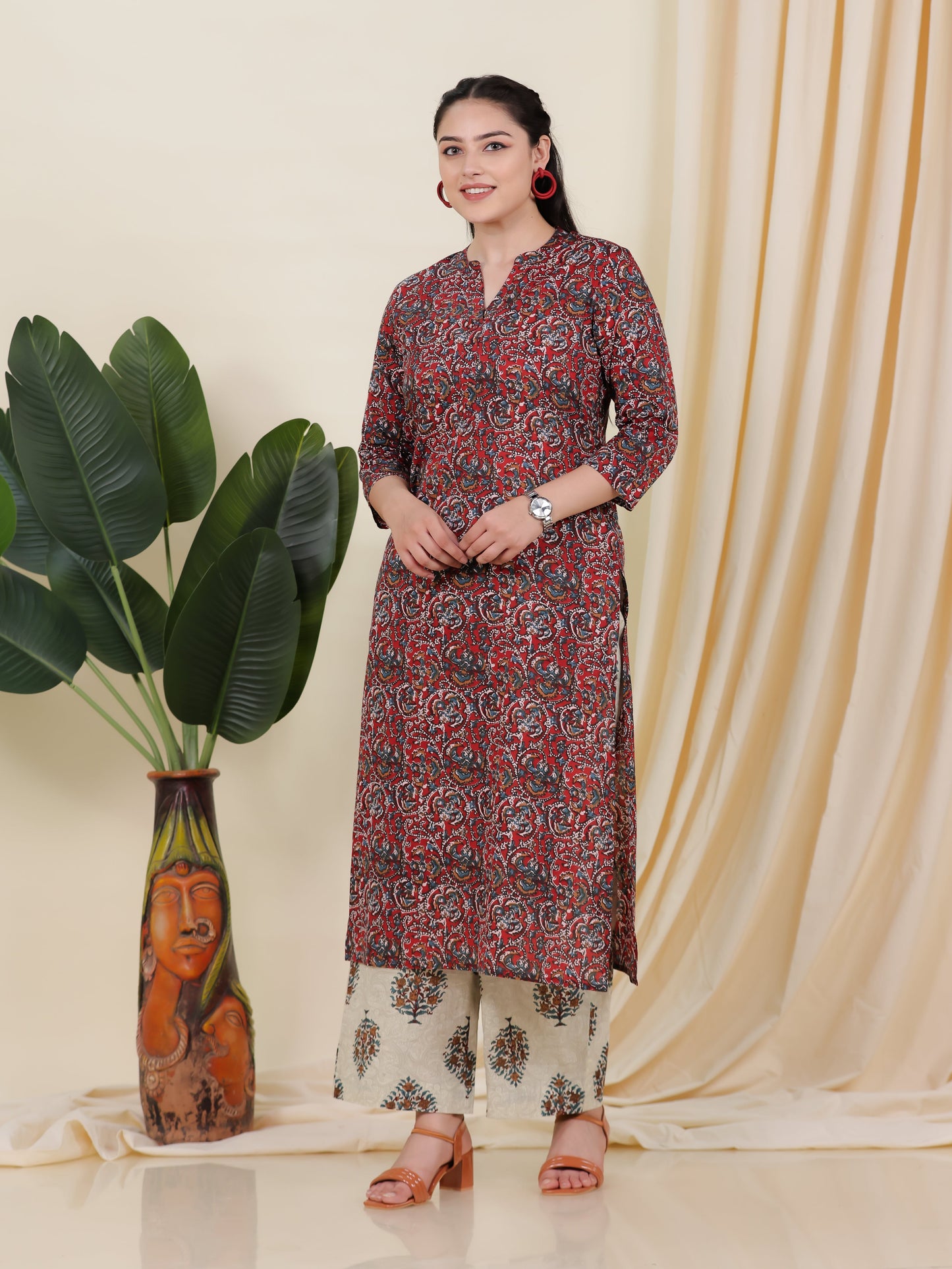 Soft Cotton Block Print Straight Maroon Kurta