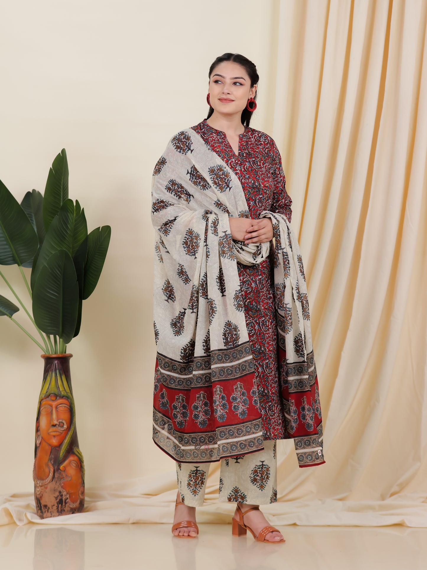 Soft Cotton Block Print Straight Maroon Kurta