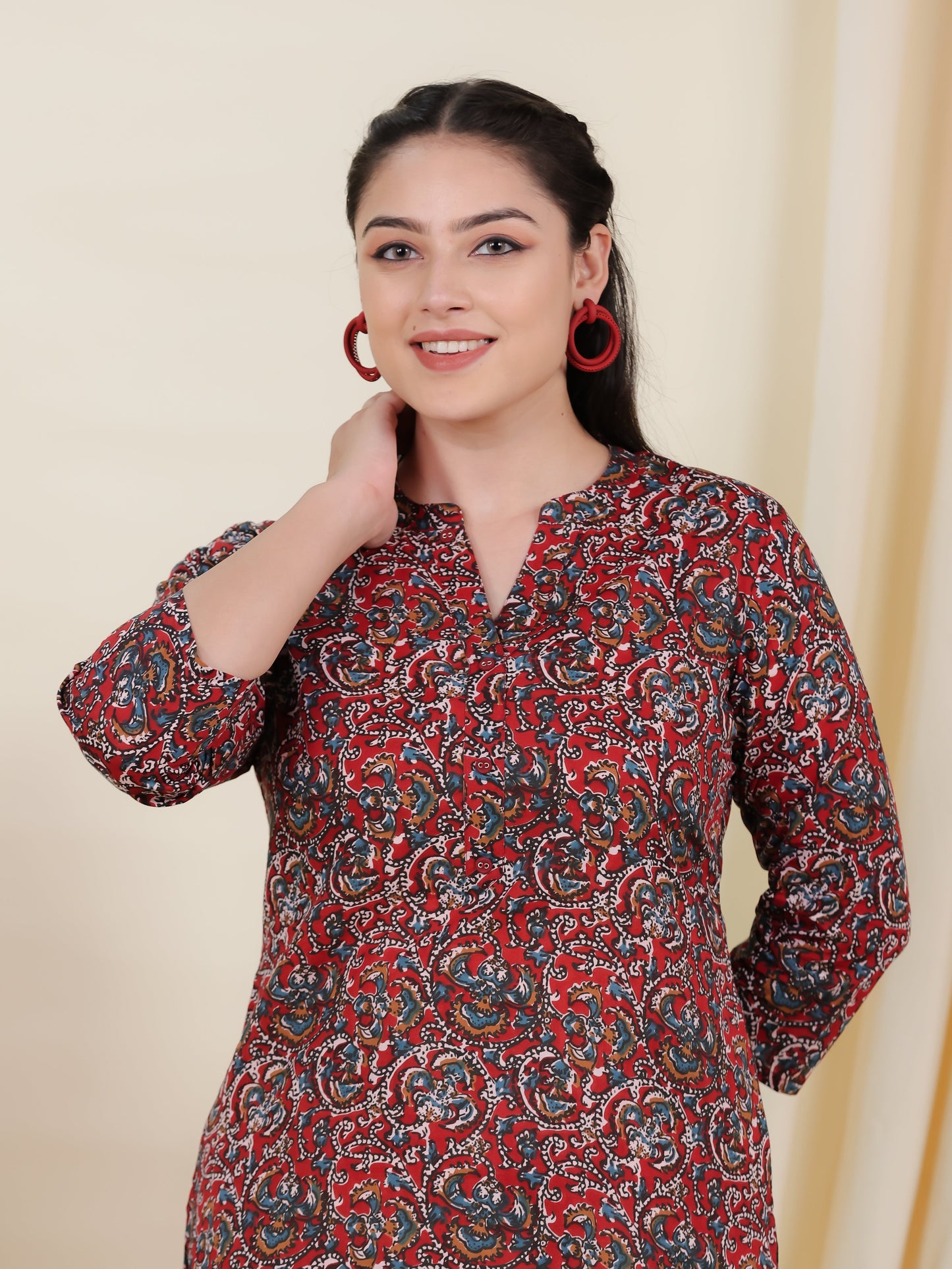 Soft Cotton Block Print Straight Maroon Kurta
