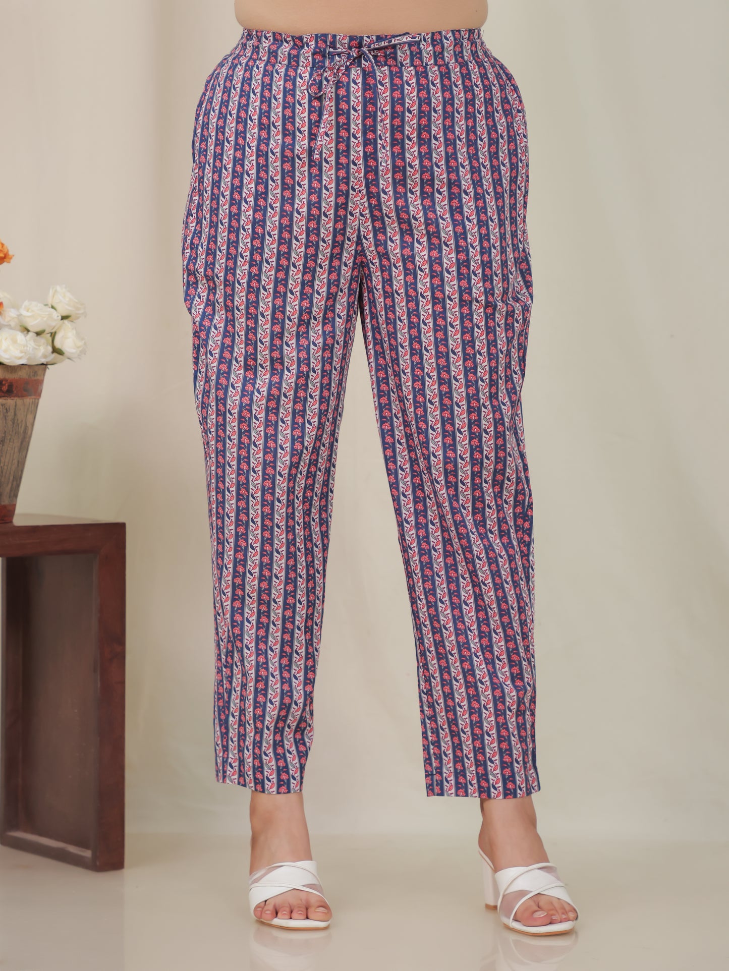 Soft Cotton Striped Blue Tapered Trousers