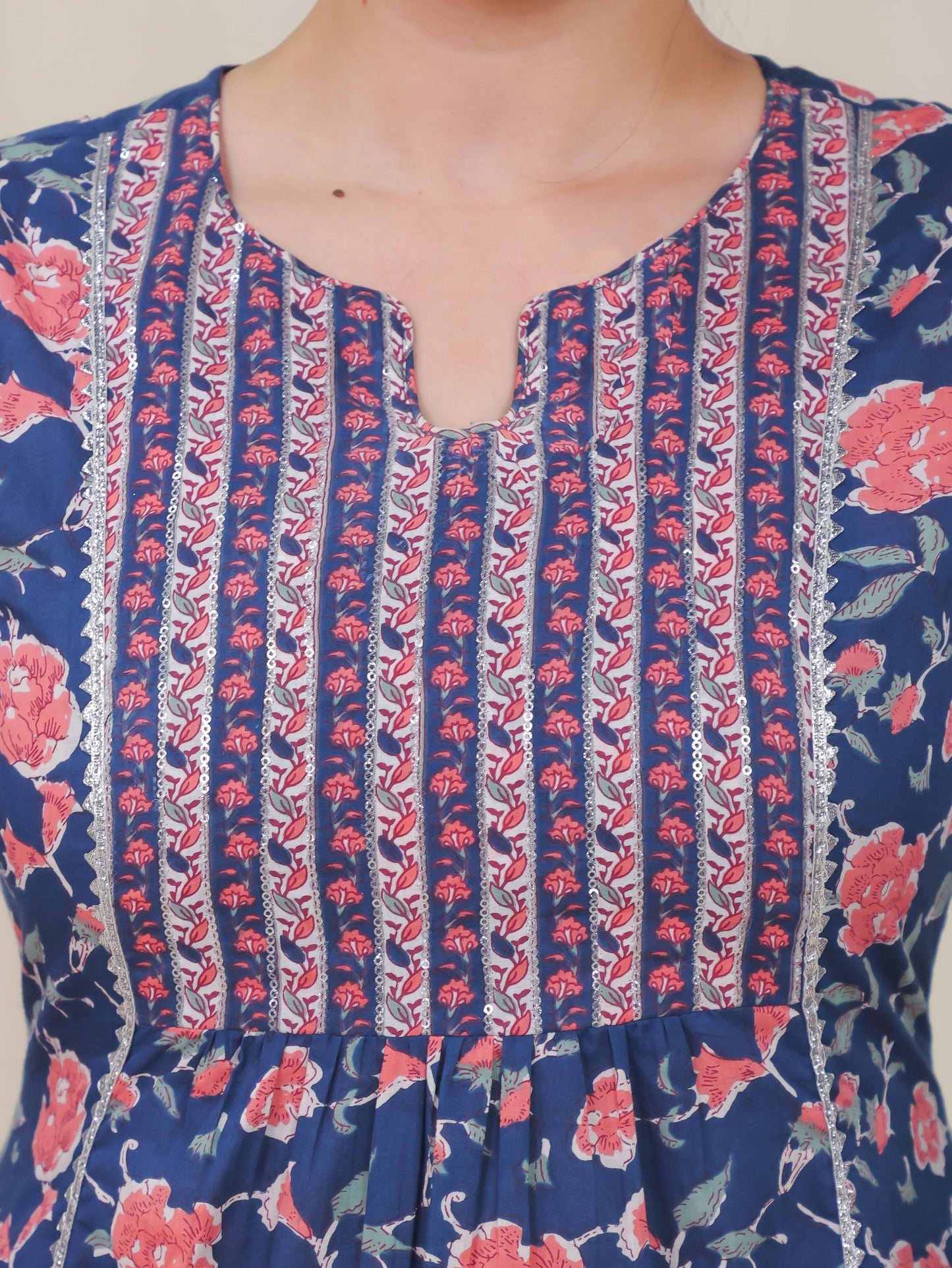Soft Cotton Floral Panelled Blue Kurta
