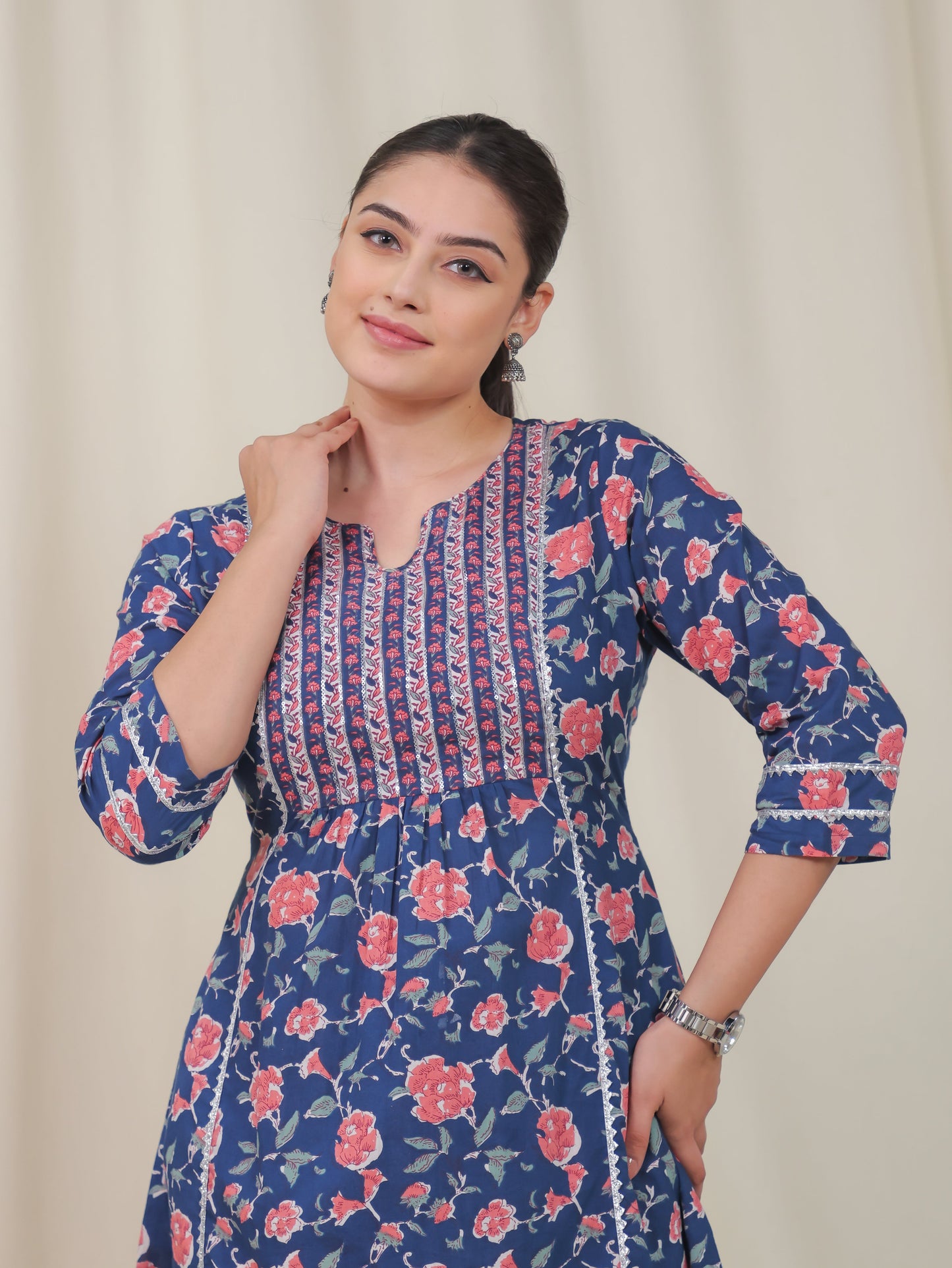Soft Cotton Floral Panelled Blue Kurta