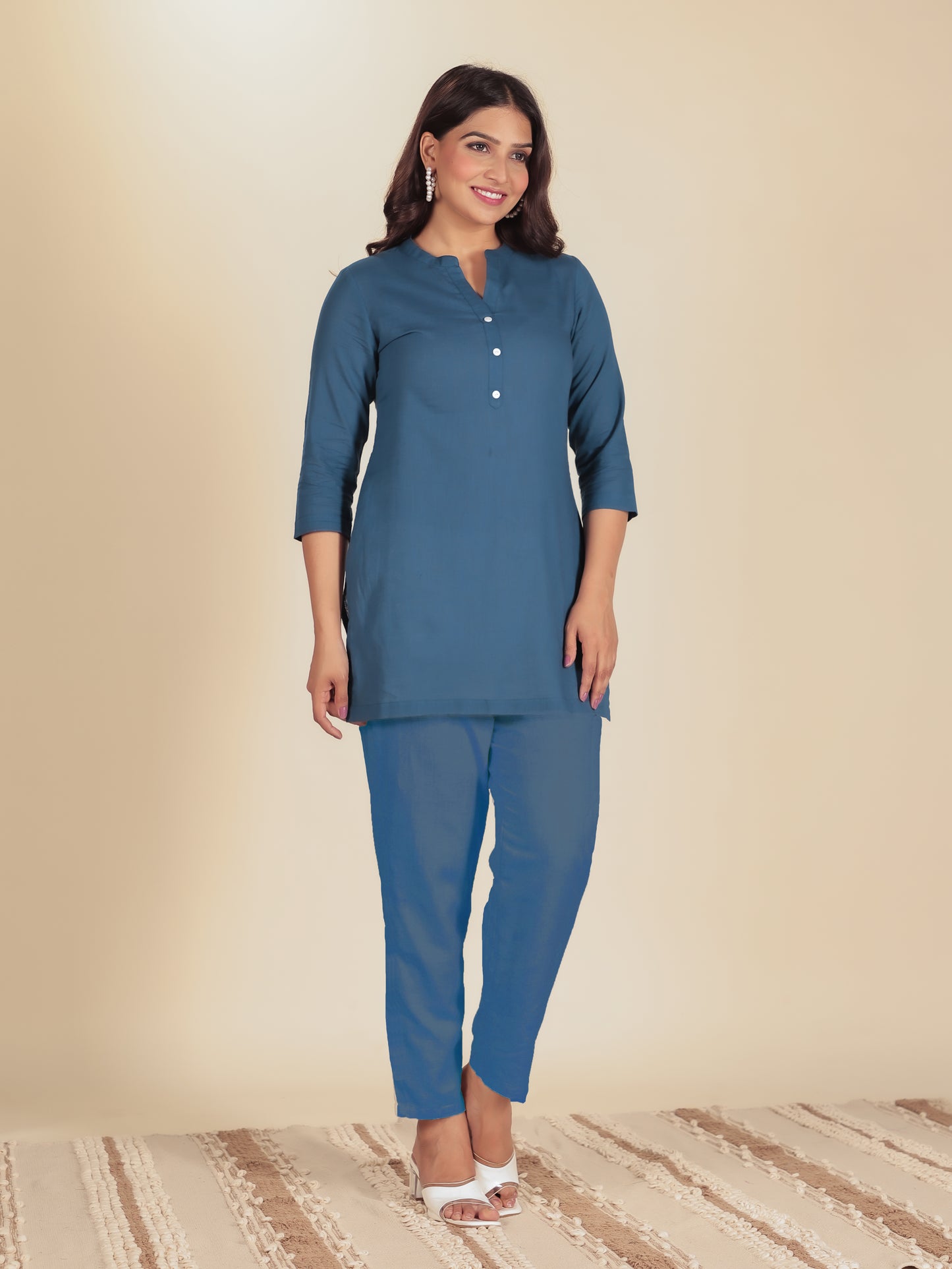 Natural Cotton Solid Straight Blue Kurti