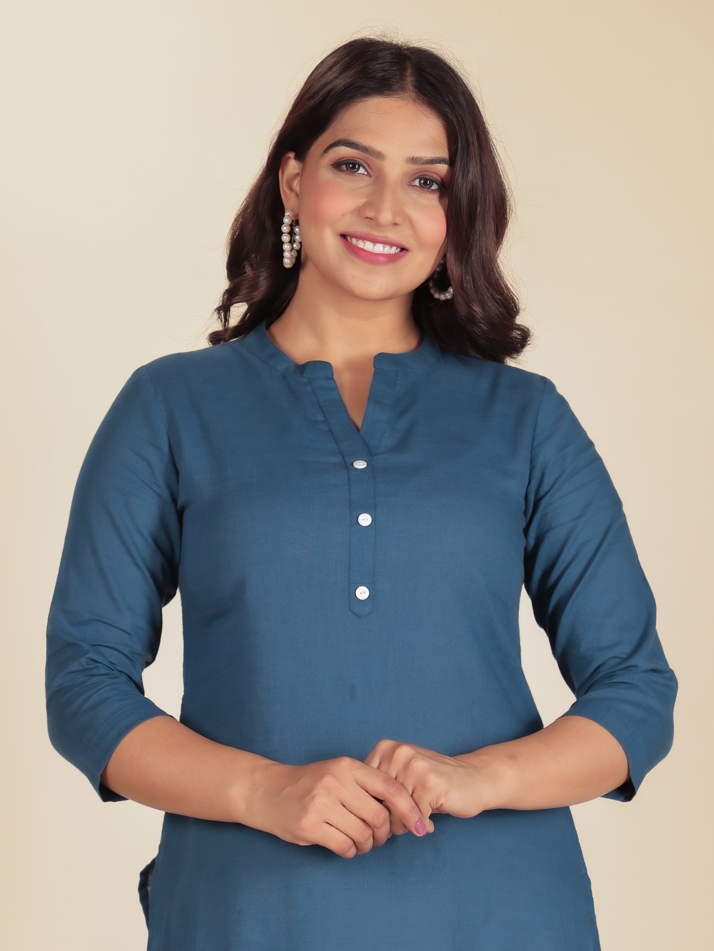 Natural Cotton Solid Straight Blue Kurti