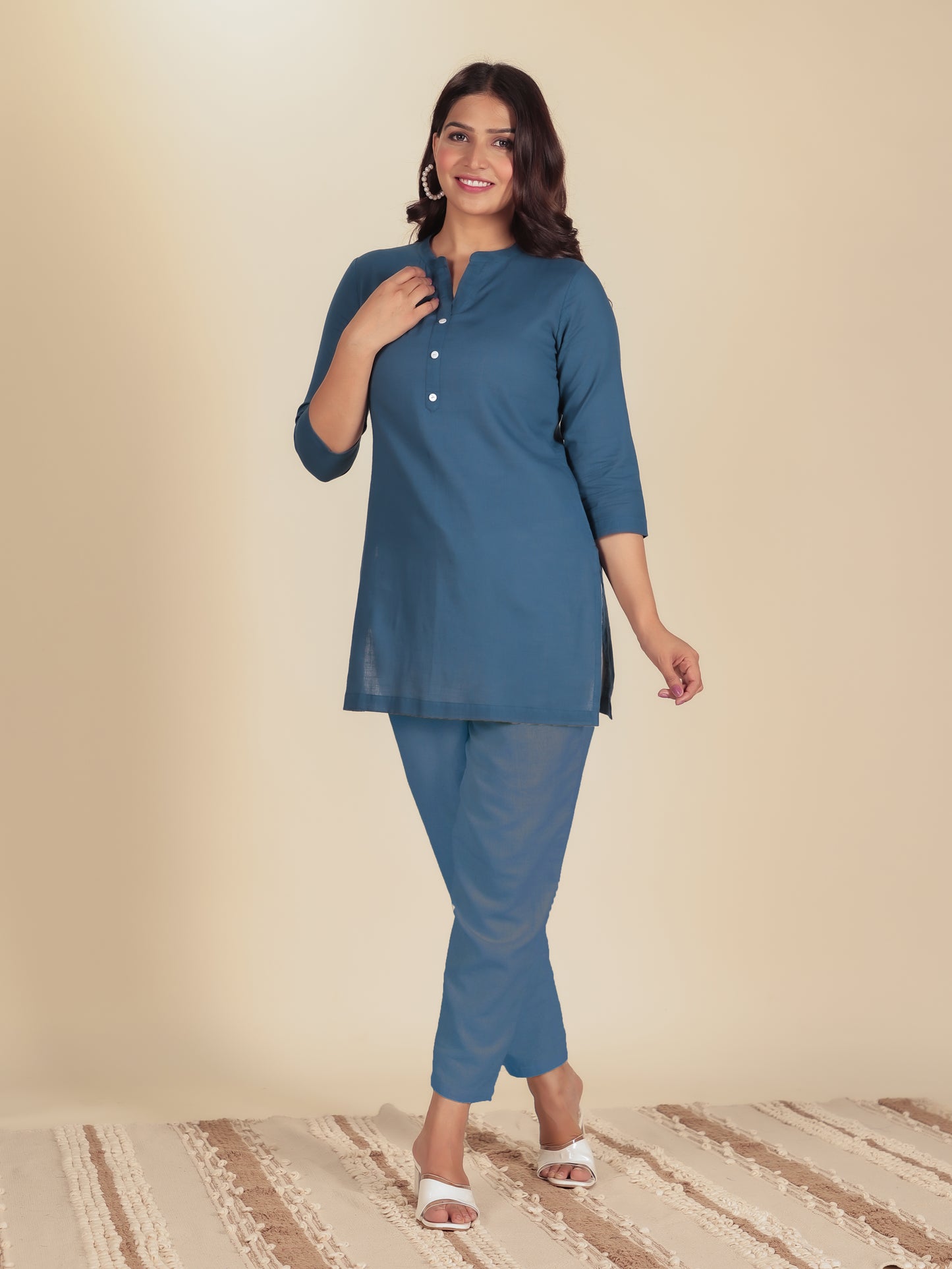 Natural Cotton Solid Straight Blue Kurti