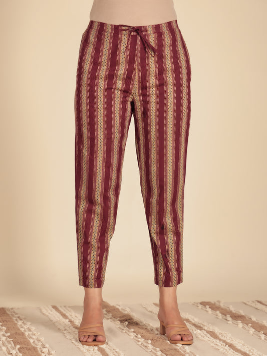 Soft Cotton Striped Maroon Tapered Trousers