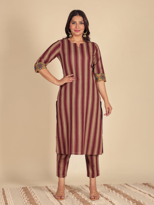 Soft Cotton Striped Straight Maroon Kurta