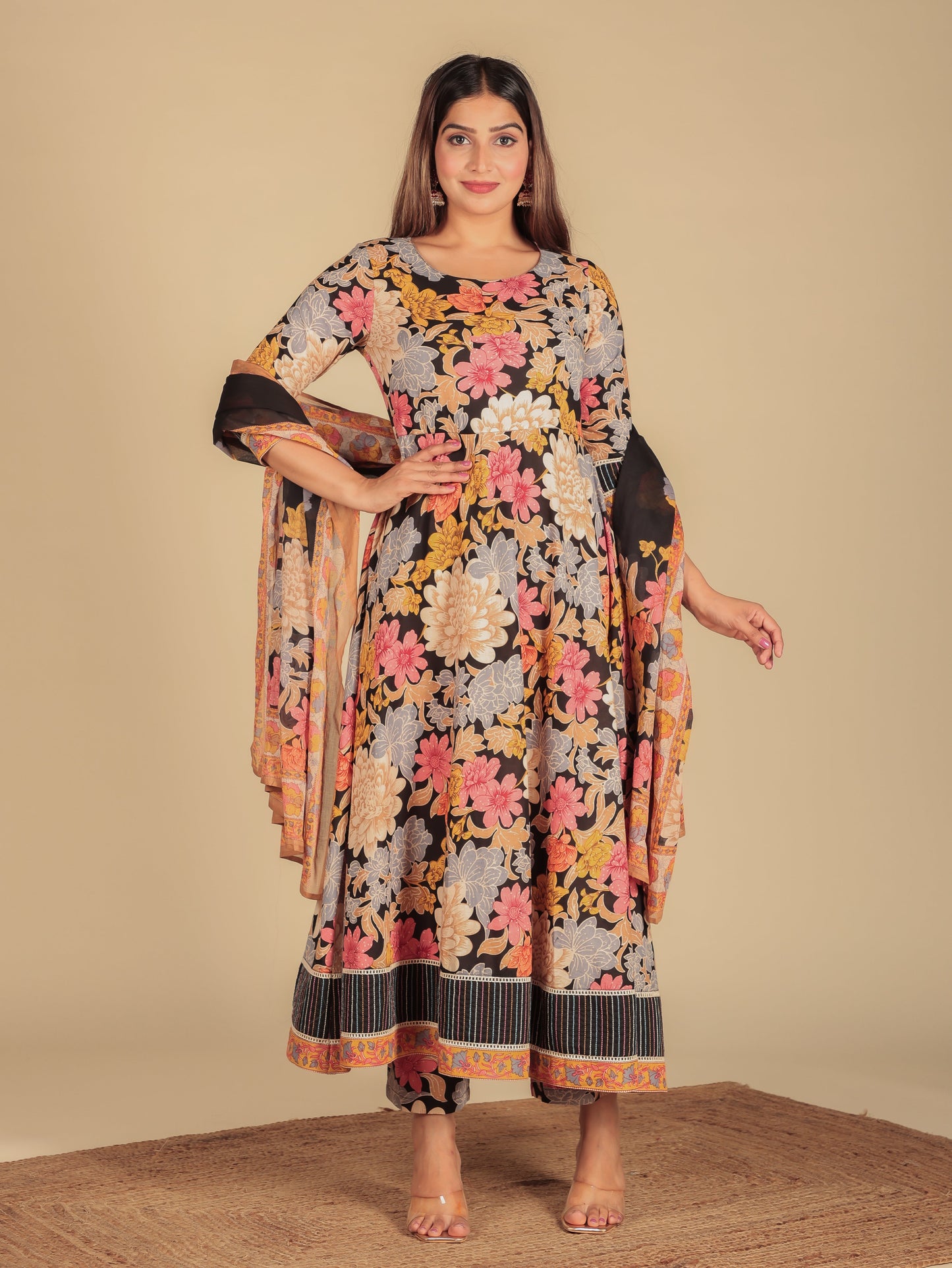 Cotton Voile Floral Black Dupatta