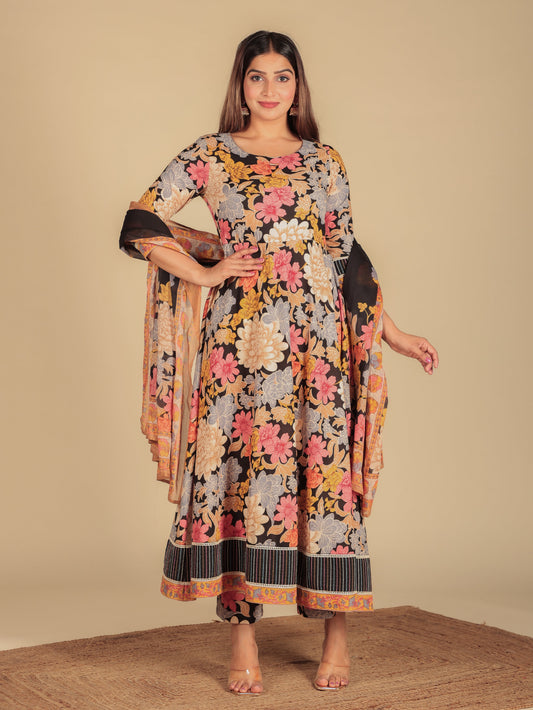 Cotton Voile Floral Black Dupatta