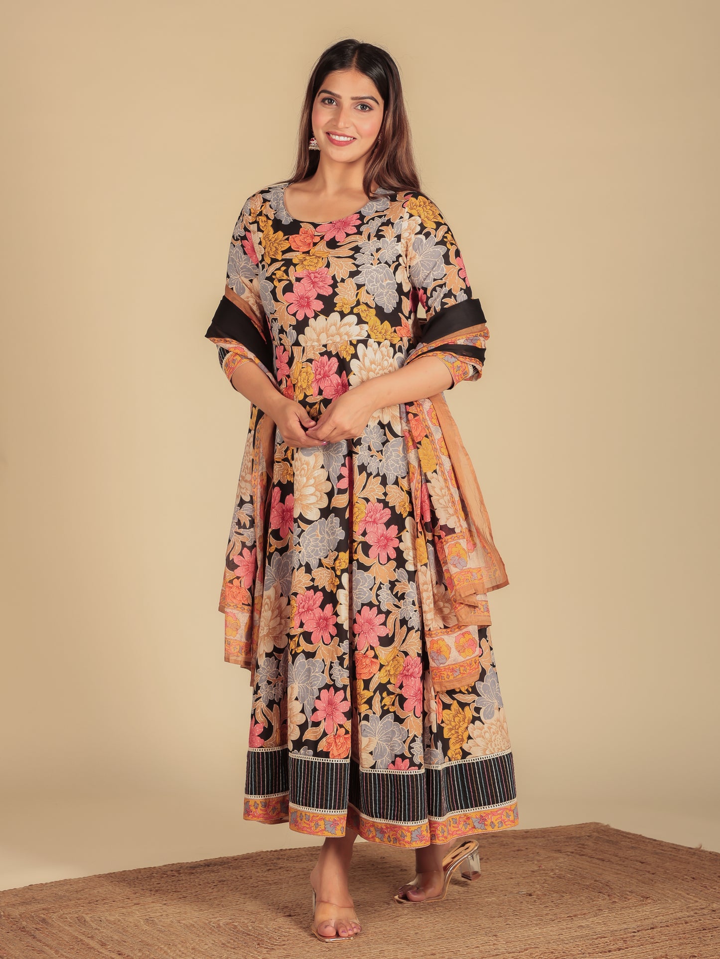 Cotton Voile Floral Black Dupatta
