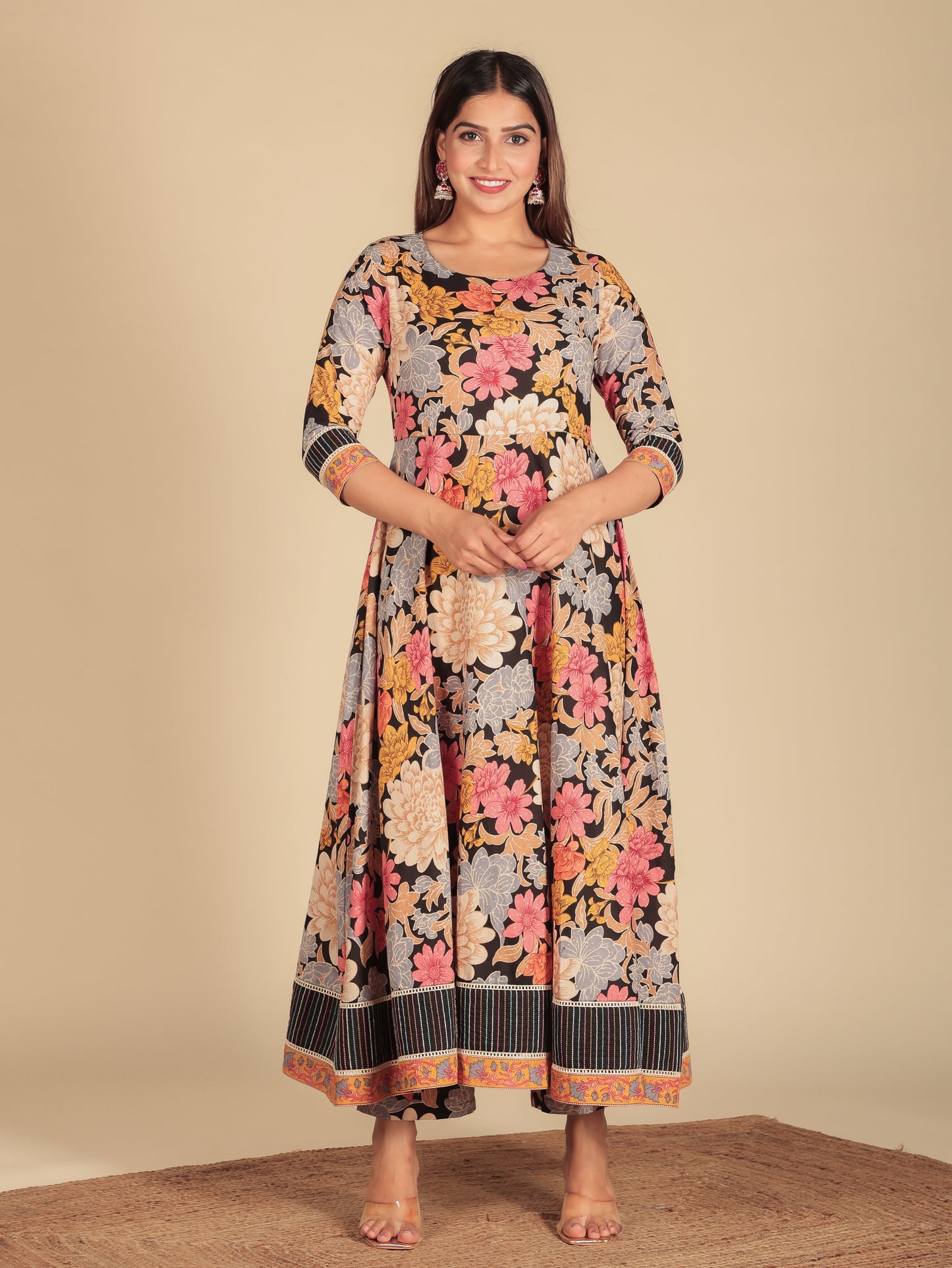 Embroidered Soft Cotton Floral Anarkali Multicolor Kurta