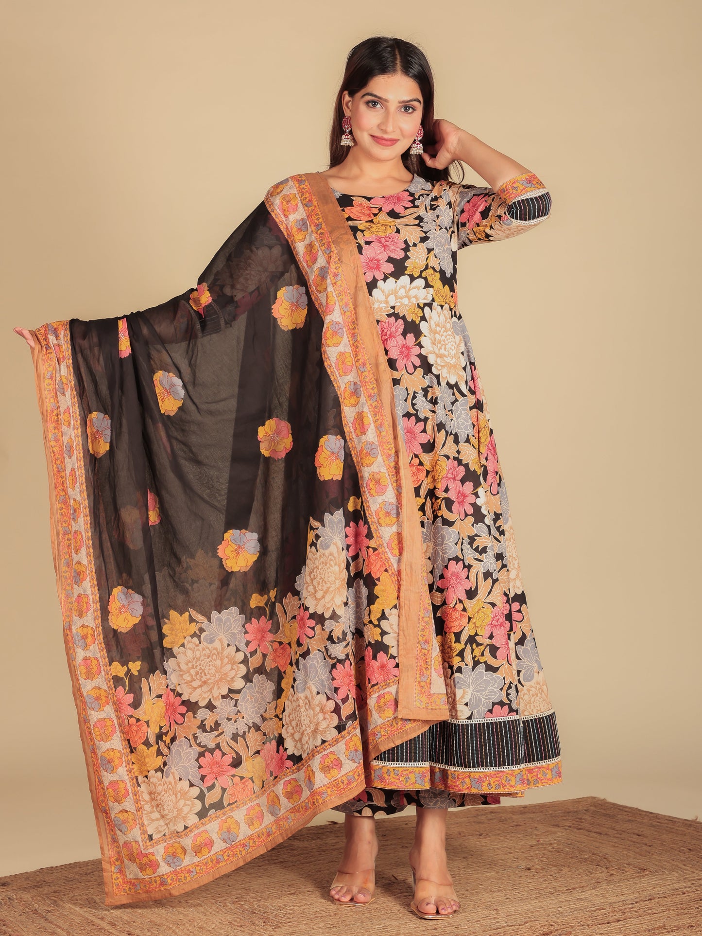 Embroidered Soft Cotton Floral Anarkali Multicolor Kurta