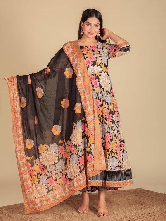 Embroidered Soft Cotton Floral Anarkali Multicolor Kurta