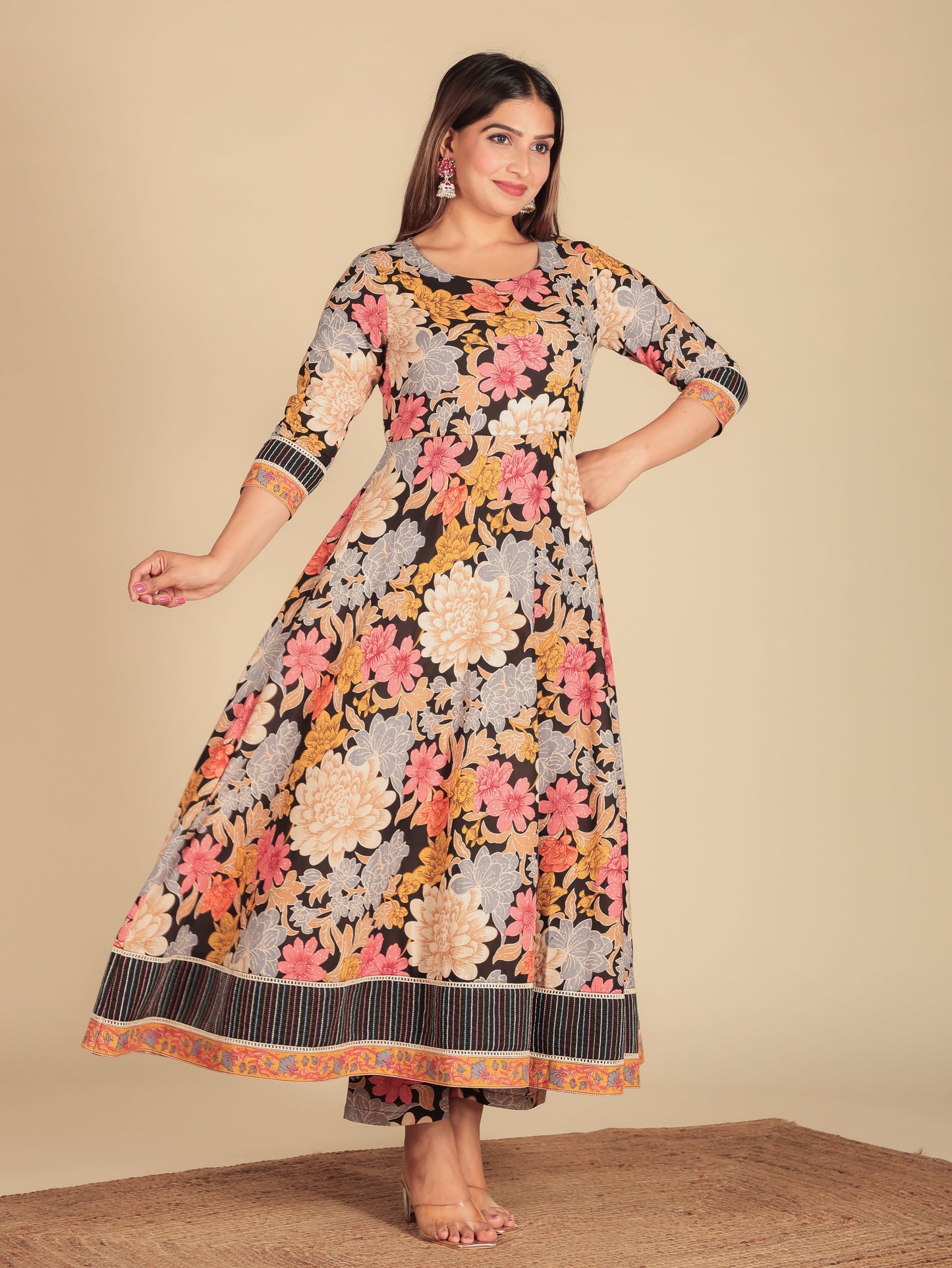 Embroidered Soft Cotton Floral Anarkali Multicolor Kurta