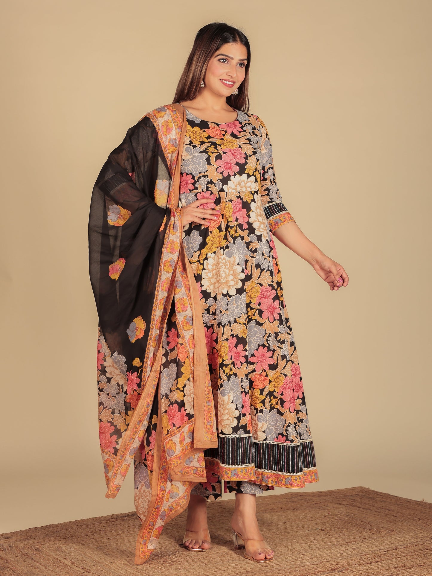 Embroidered Soft Cotton Floral Anarkali Multicolor Kurta