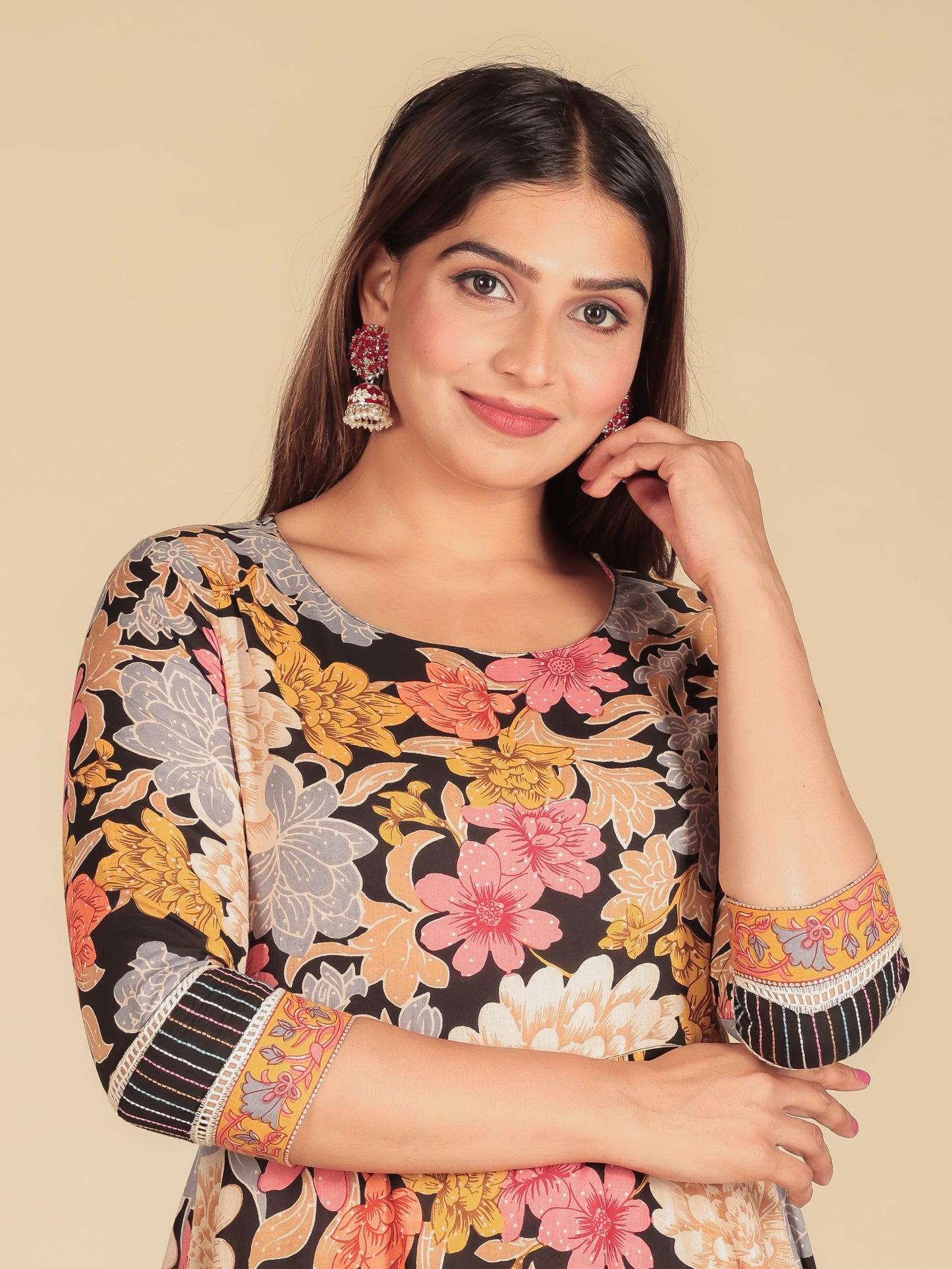 Embroidered Soft Cotton Floral Anarkali Multicolor Kurta