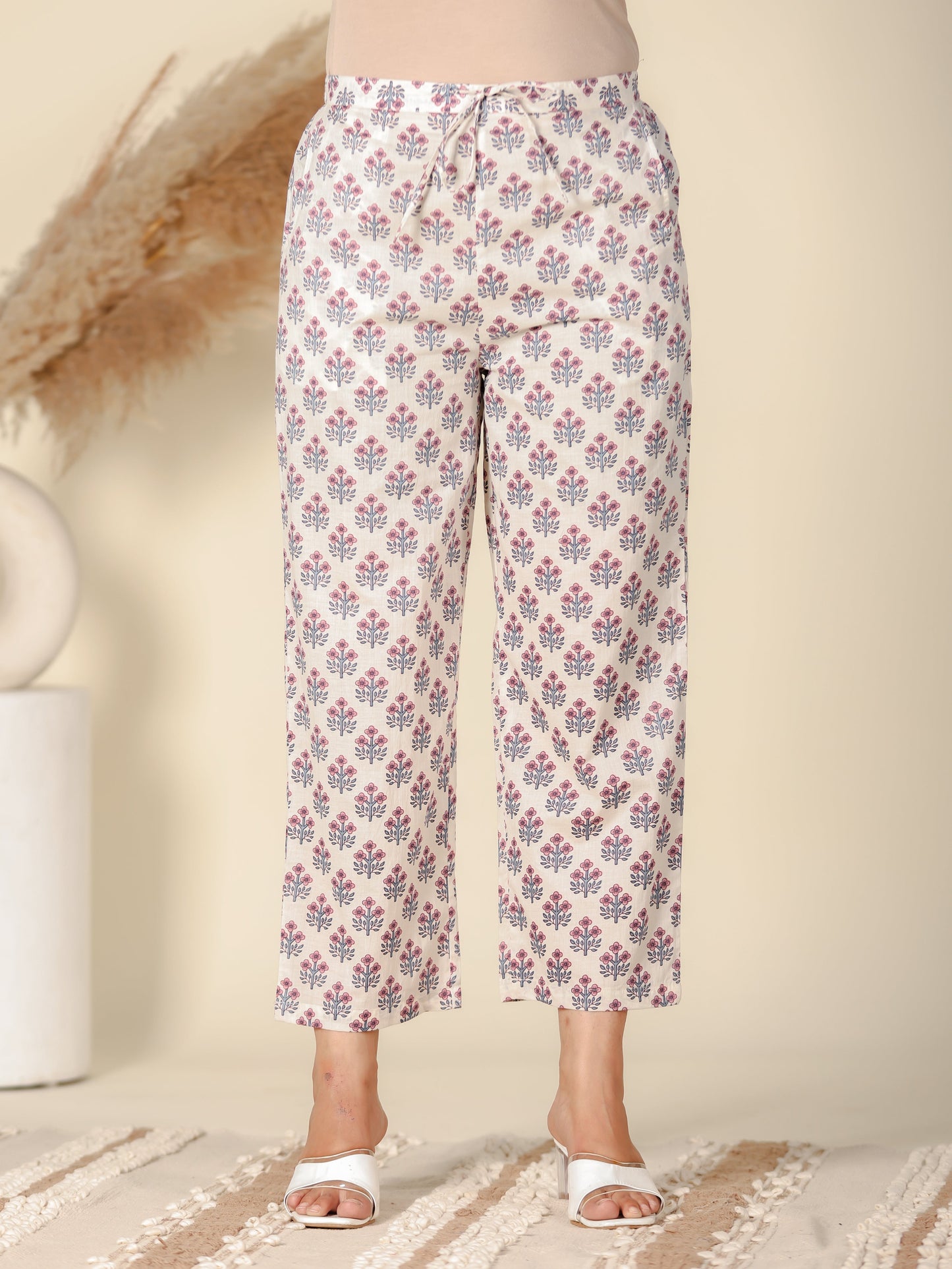 Soft Cotton Floral White Straight Trousers