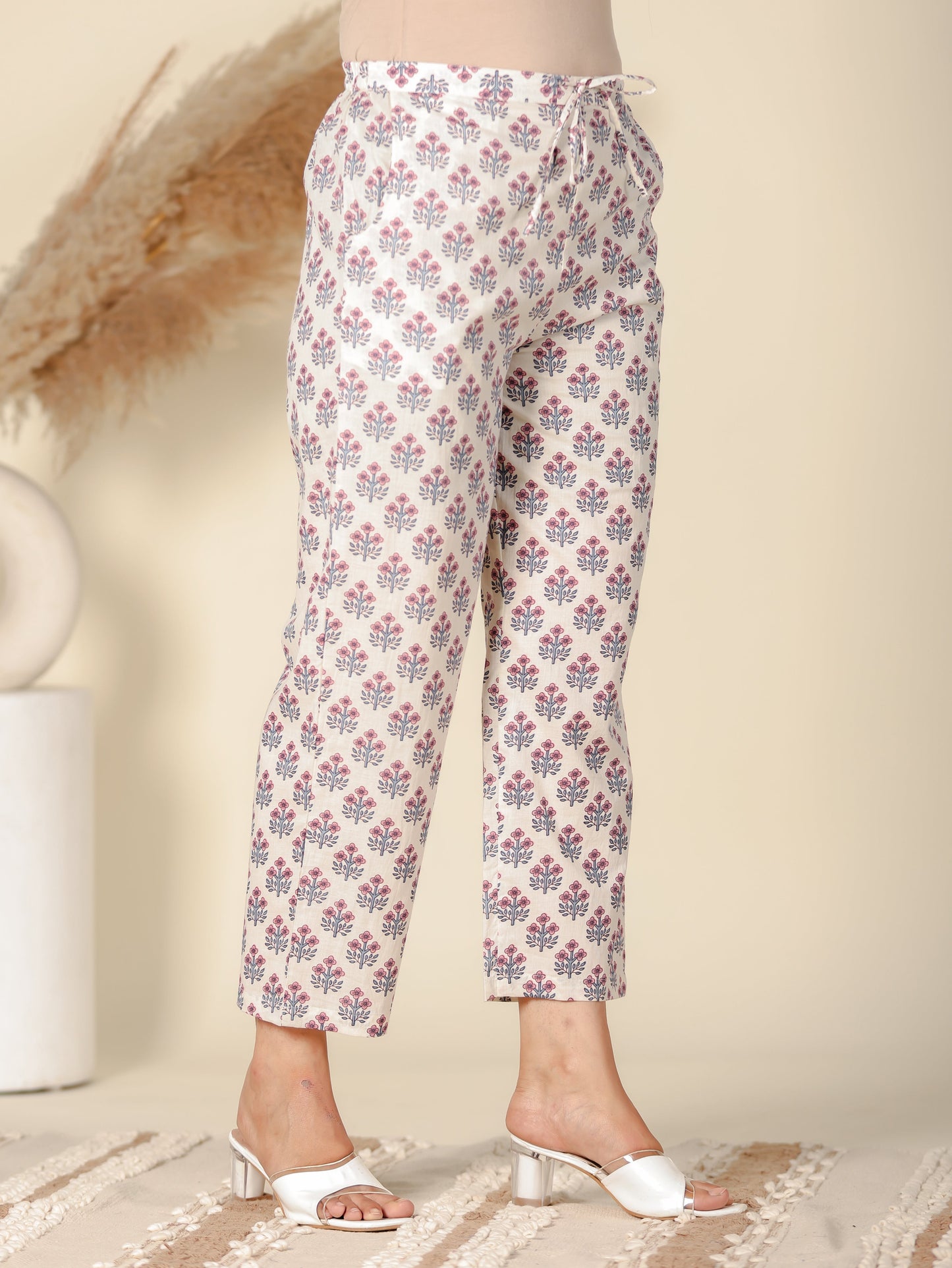 Soft Cotton Floral White Straight Trousers