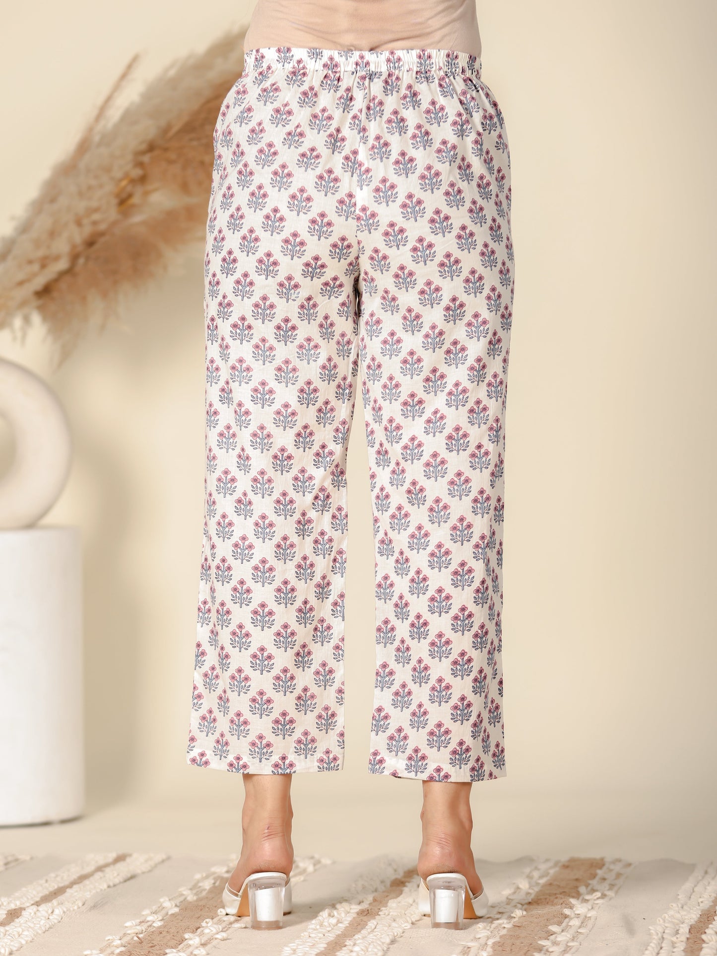 Soft Cotton Floral White Straight Trousers