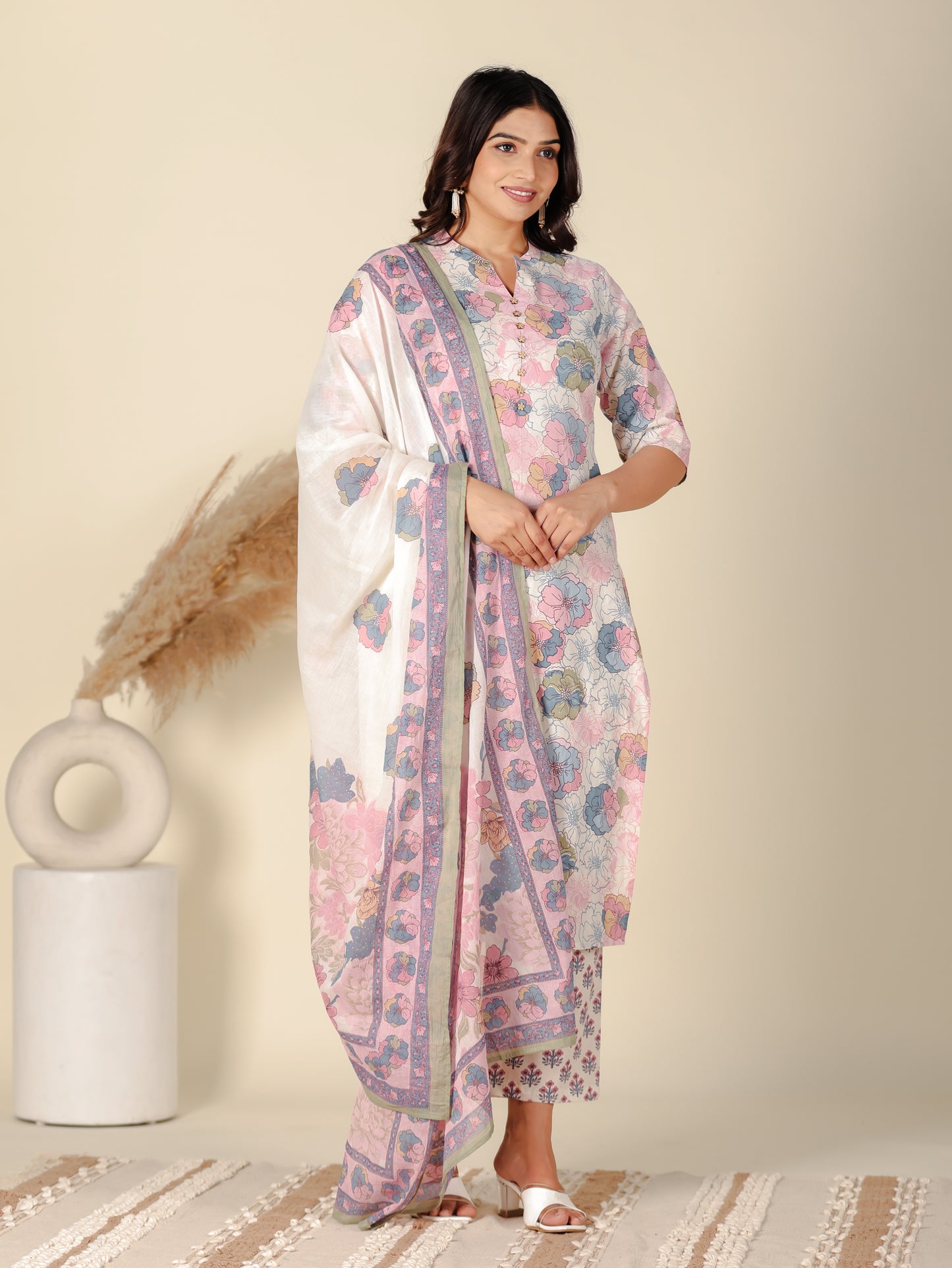 Cotton Voile Floral White Dupatta